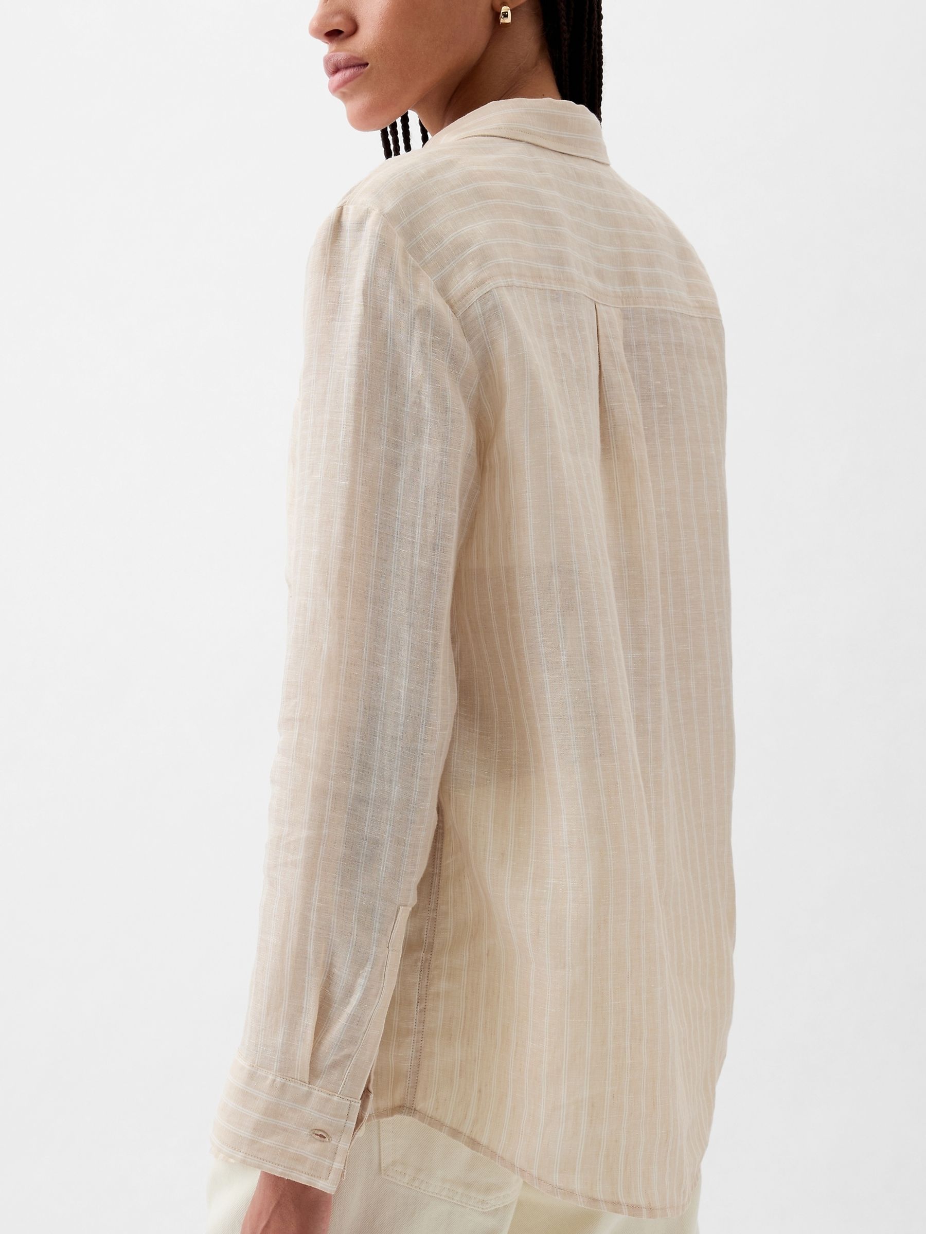 Cream Stripe 100% Linen Long Sleeve Oversized Shirt - Image 7 of 10