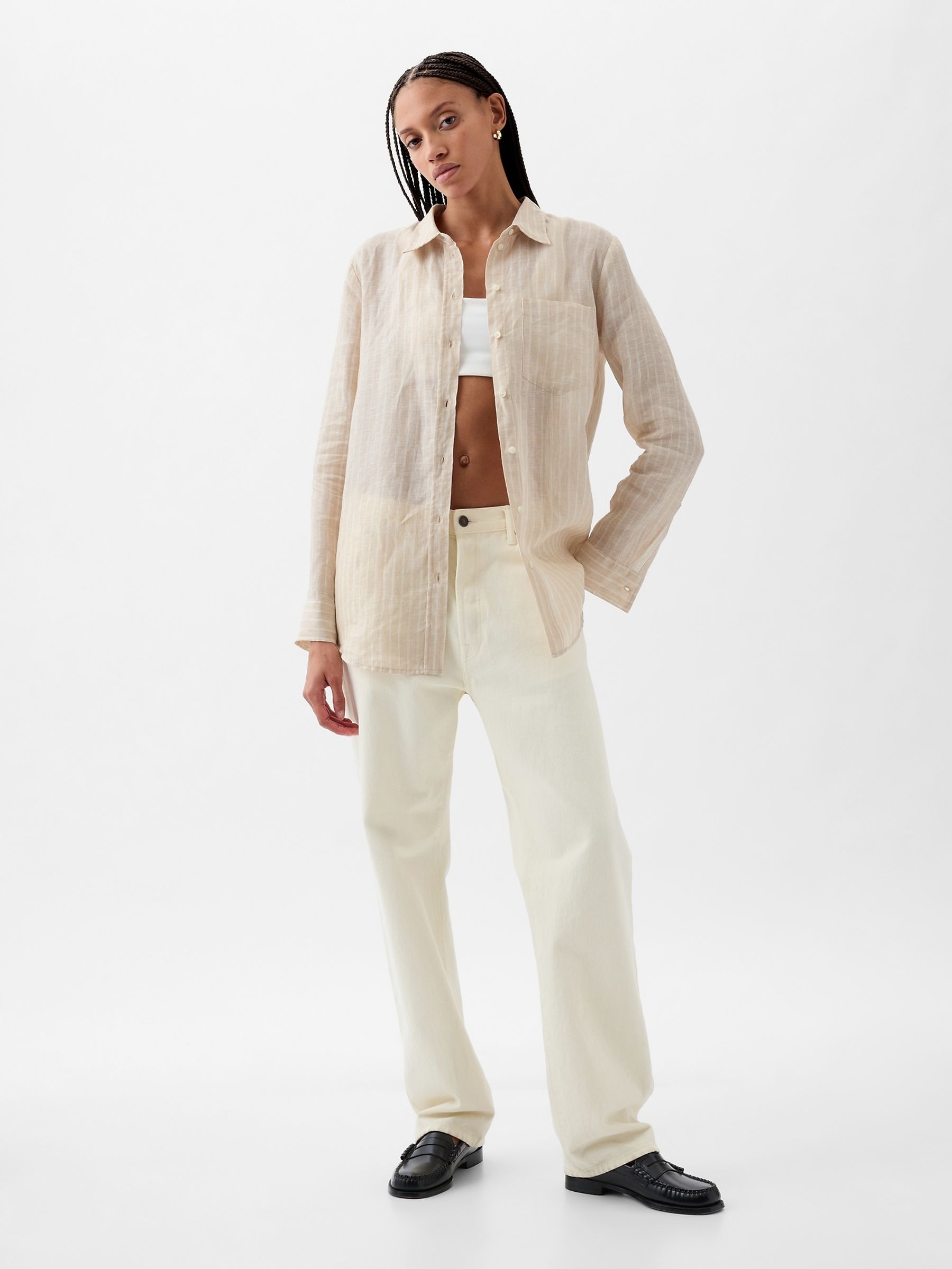 Cream Stripe 100% Linen Long Sleeve Oversized Shirt - Image 8 of 10
