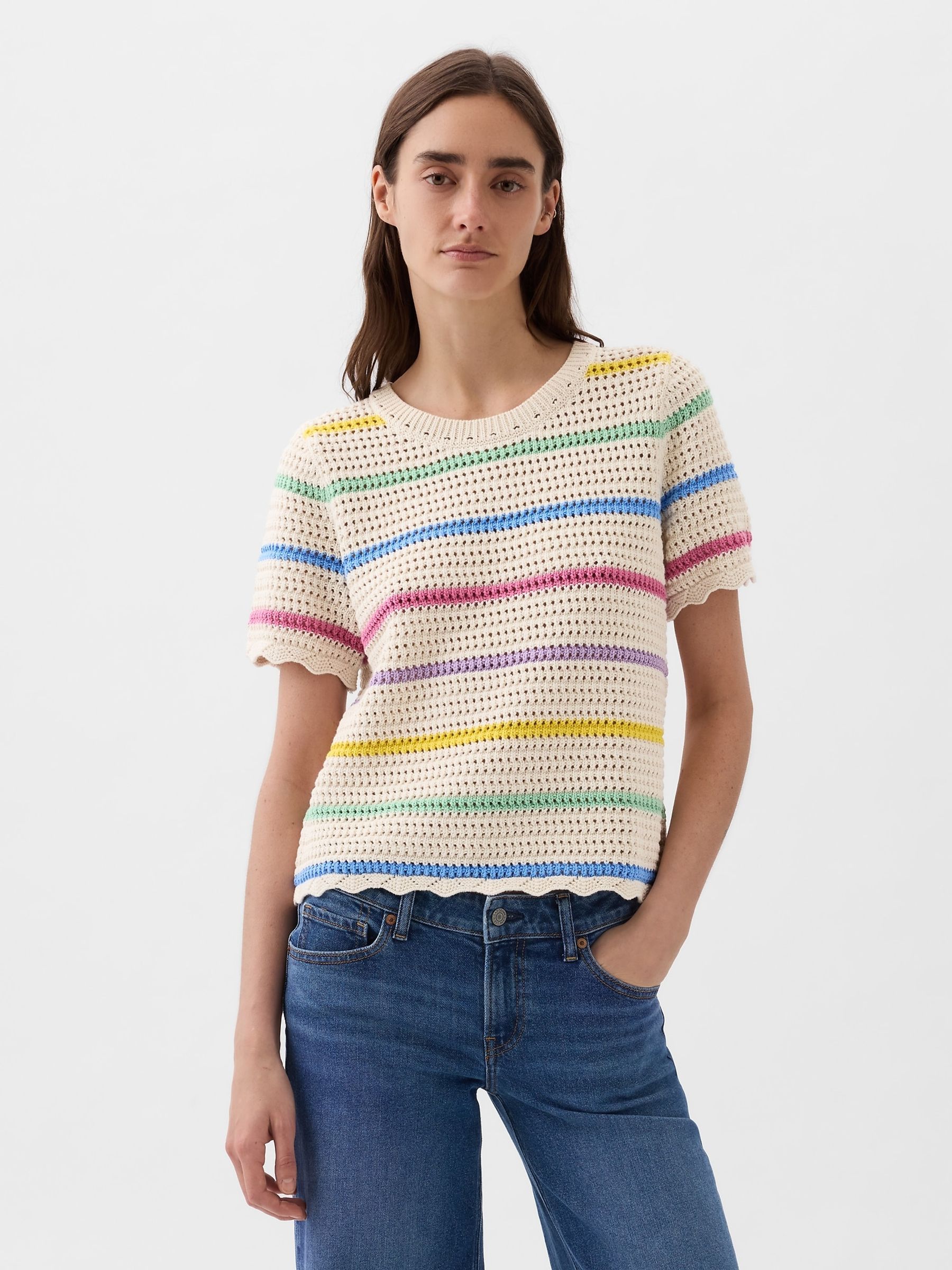 Cream Stripe Crochet Crew Neck Short Sleeve Knit Jumper - Image 1 of 2