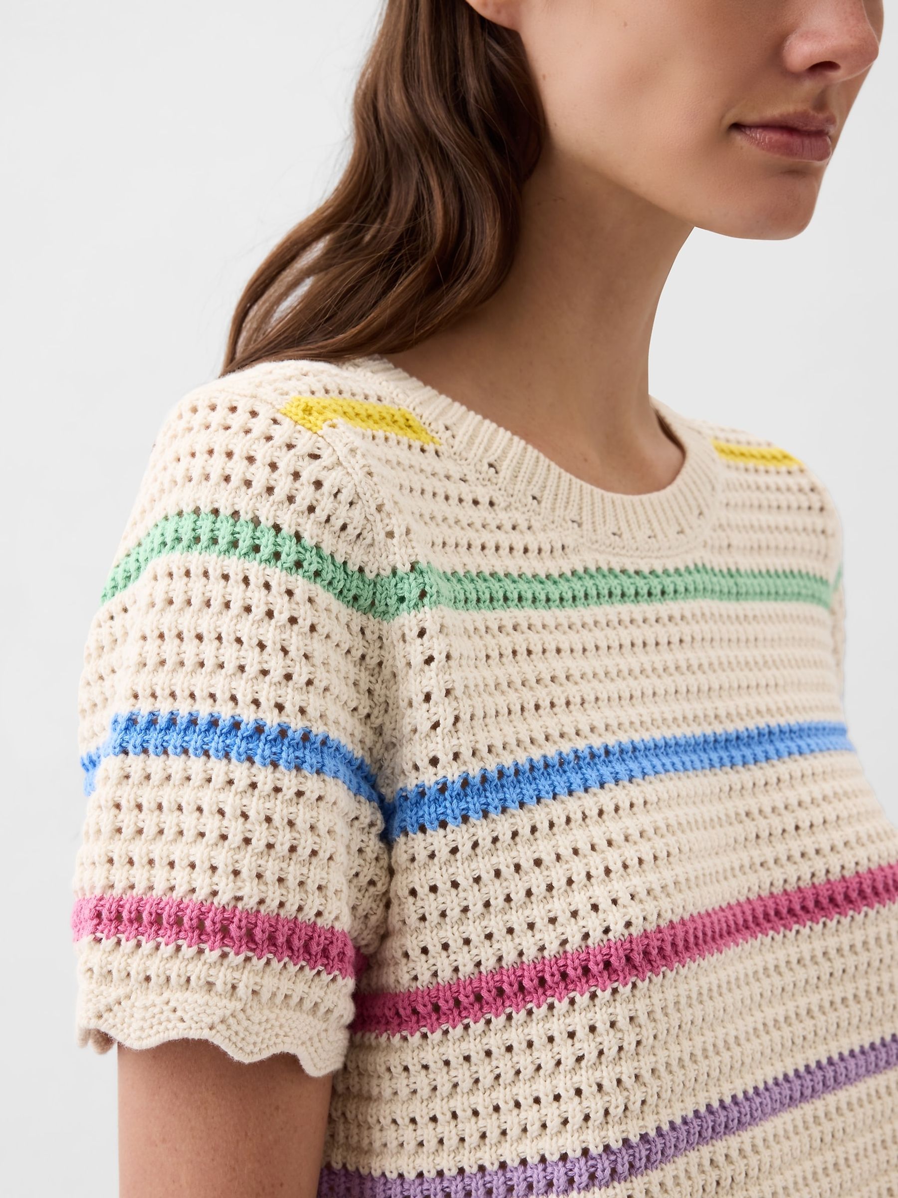 Cream Stripe Crochet Crew Neck Short Sleeve Knit Jumper - Image 2 of 2