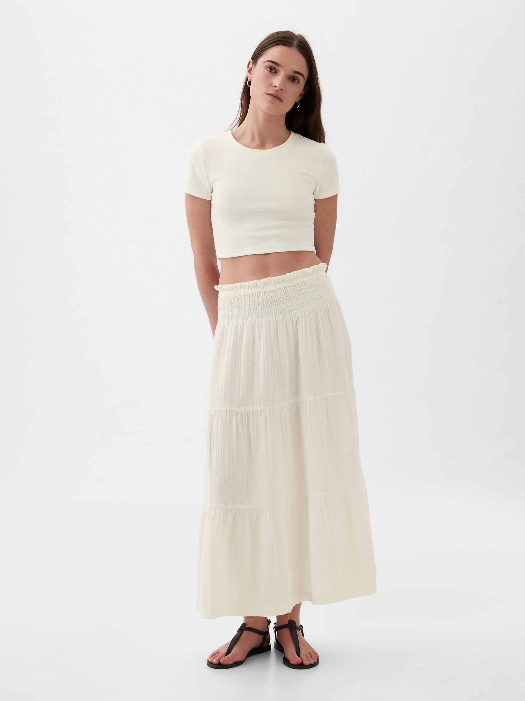 White Crinkle Cotton Pull On Maxi Skirt - Image 1 of 1