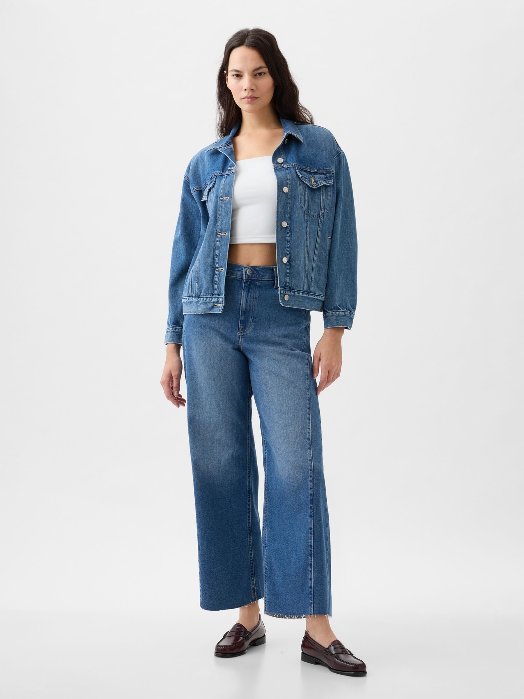 Mid Indigo Blue High Waisted Cropped Wide Leg Jeans - Image 1 of 6