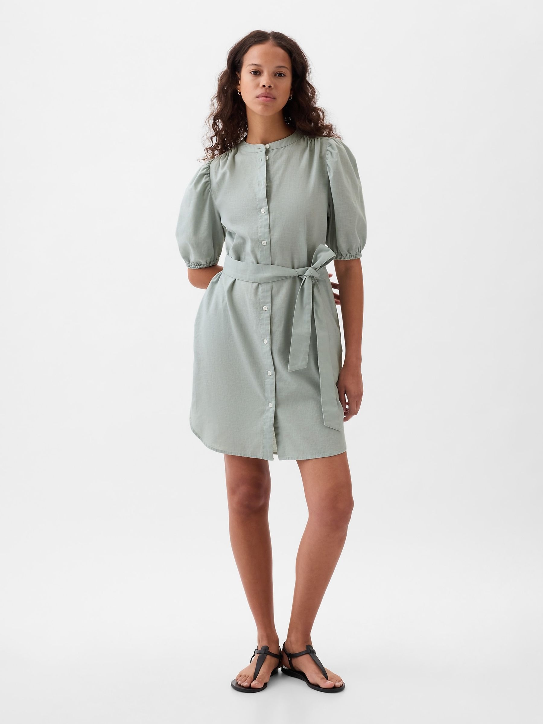 Green Linen Blend Short Puff Sleeve Mini Shirt Dress - Image 1 of 5