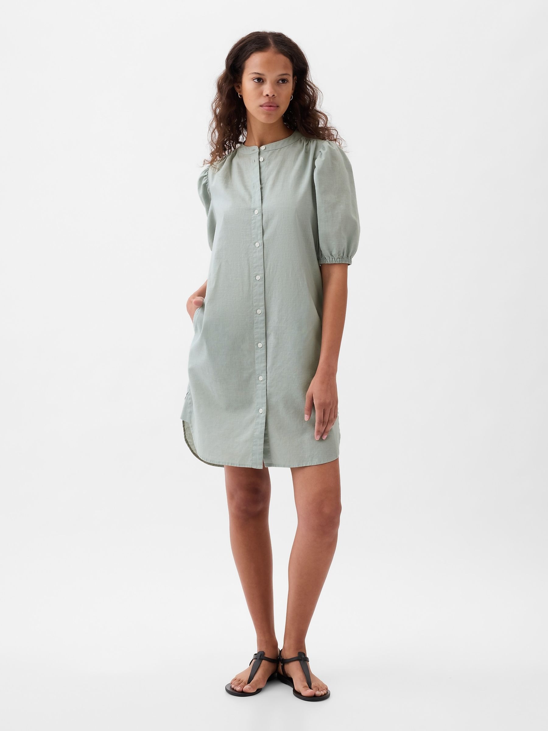 Green Linen Blend Short Puff Sleeve Mini Shirt Dress - Image 2 of 5