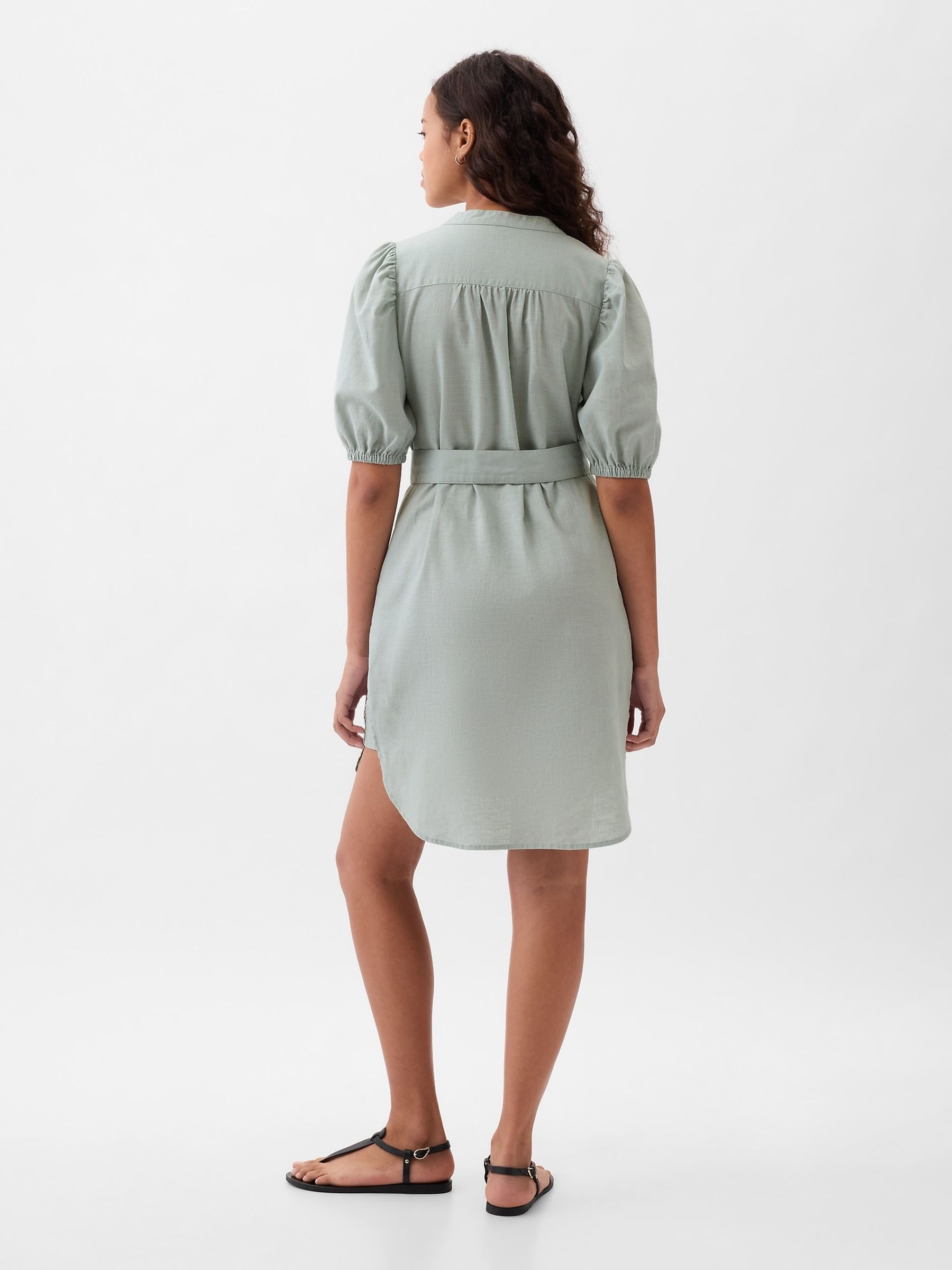 Green Linen Blend Short Puff Sleeve Mini Shirt Dress - Image 3 of 5