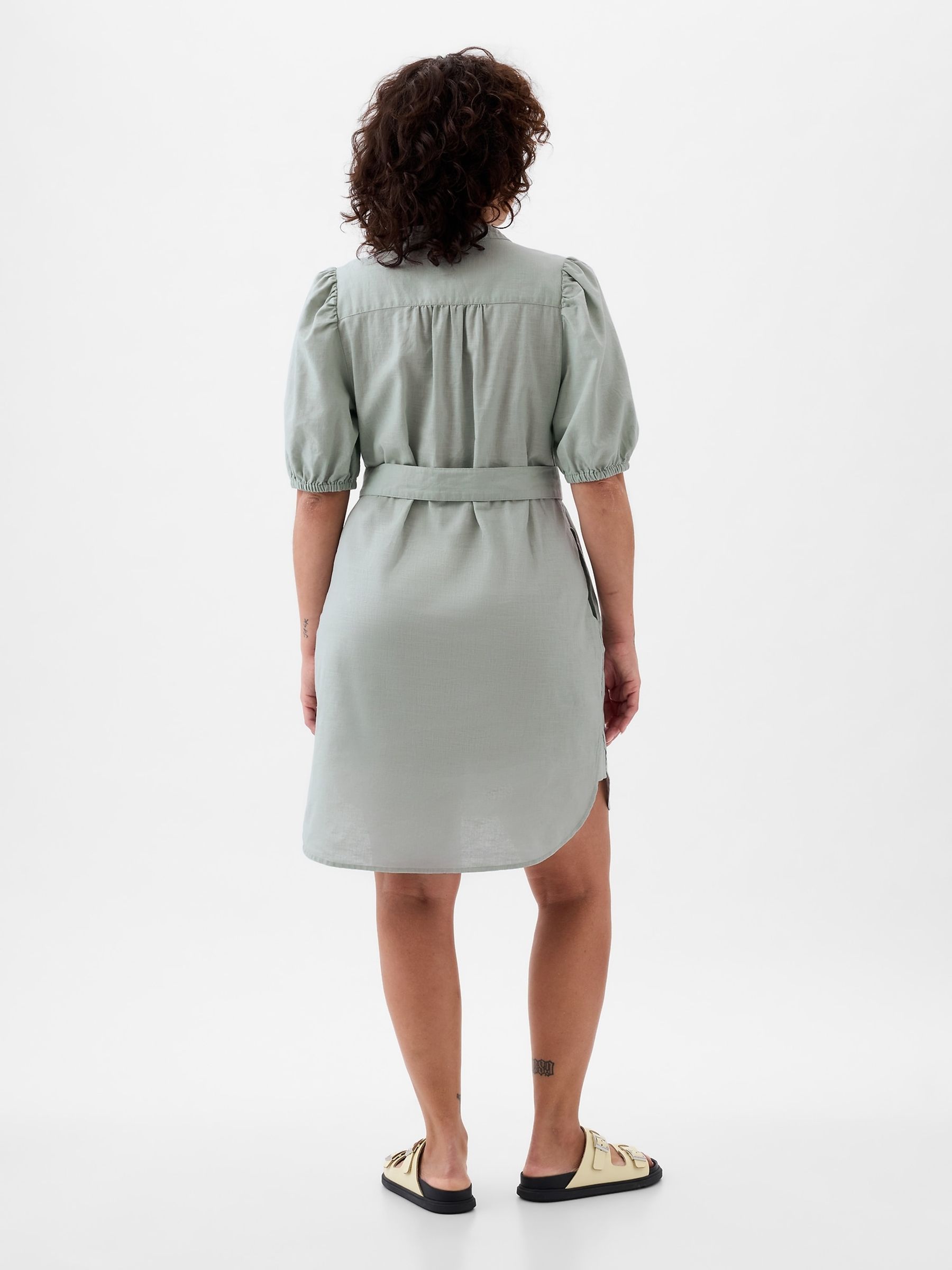 Green Linen Blend Short Puff Sleeve Mini Shirt Dress - Image 4 of 5