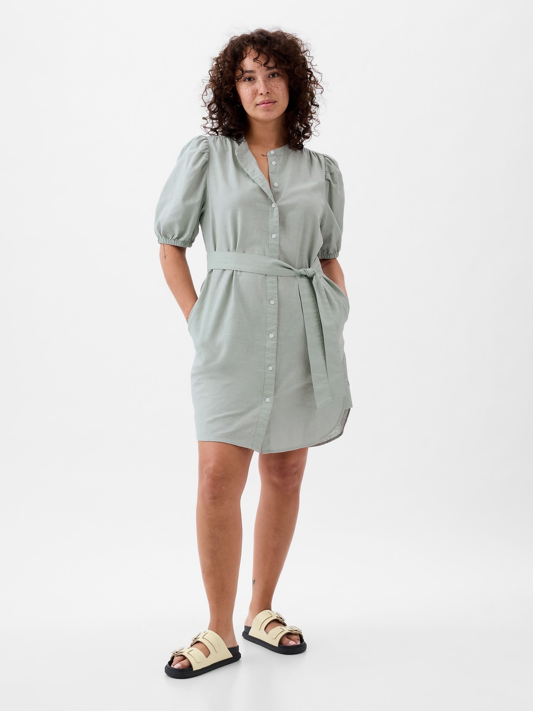 Green Linen Blend Short Puff Sleeve Mini Shirt Dress - Image 5 of 5