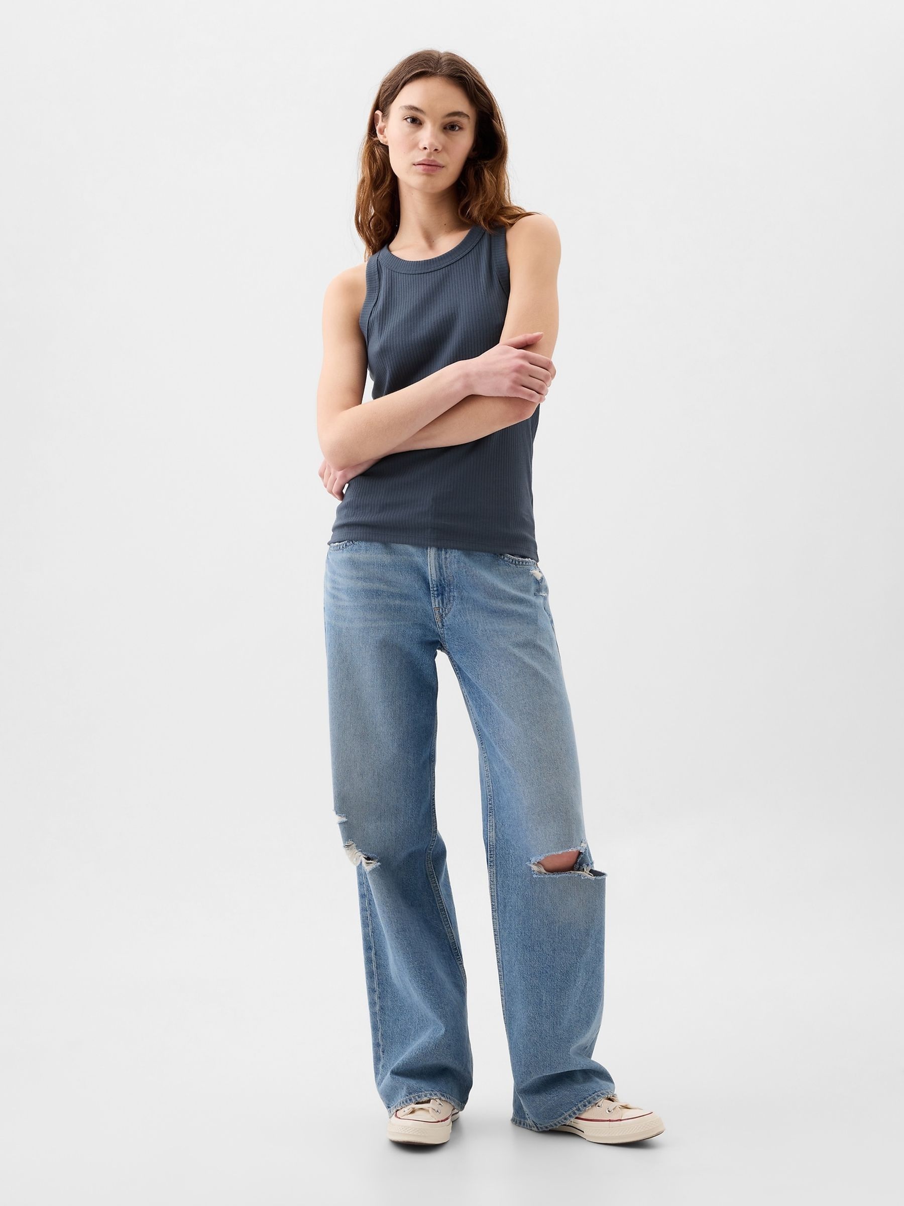 Blue Ribbed Racer High Neck Vest Top - Image 1 of 2
