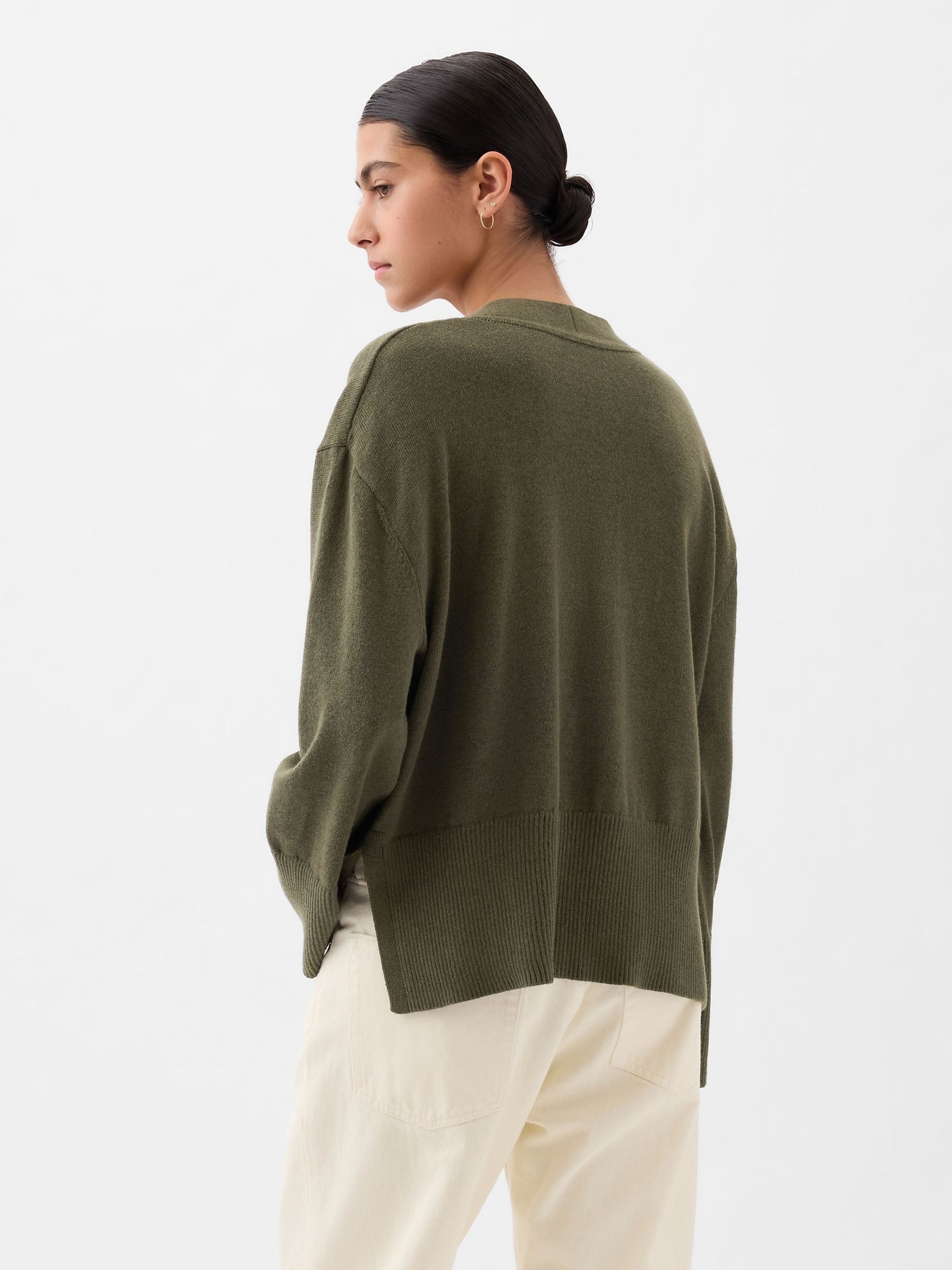 Khaki Green 24/7 Split-Hem Linen Blend Oversized Cardigan - Image 2 of 5