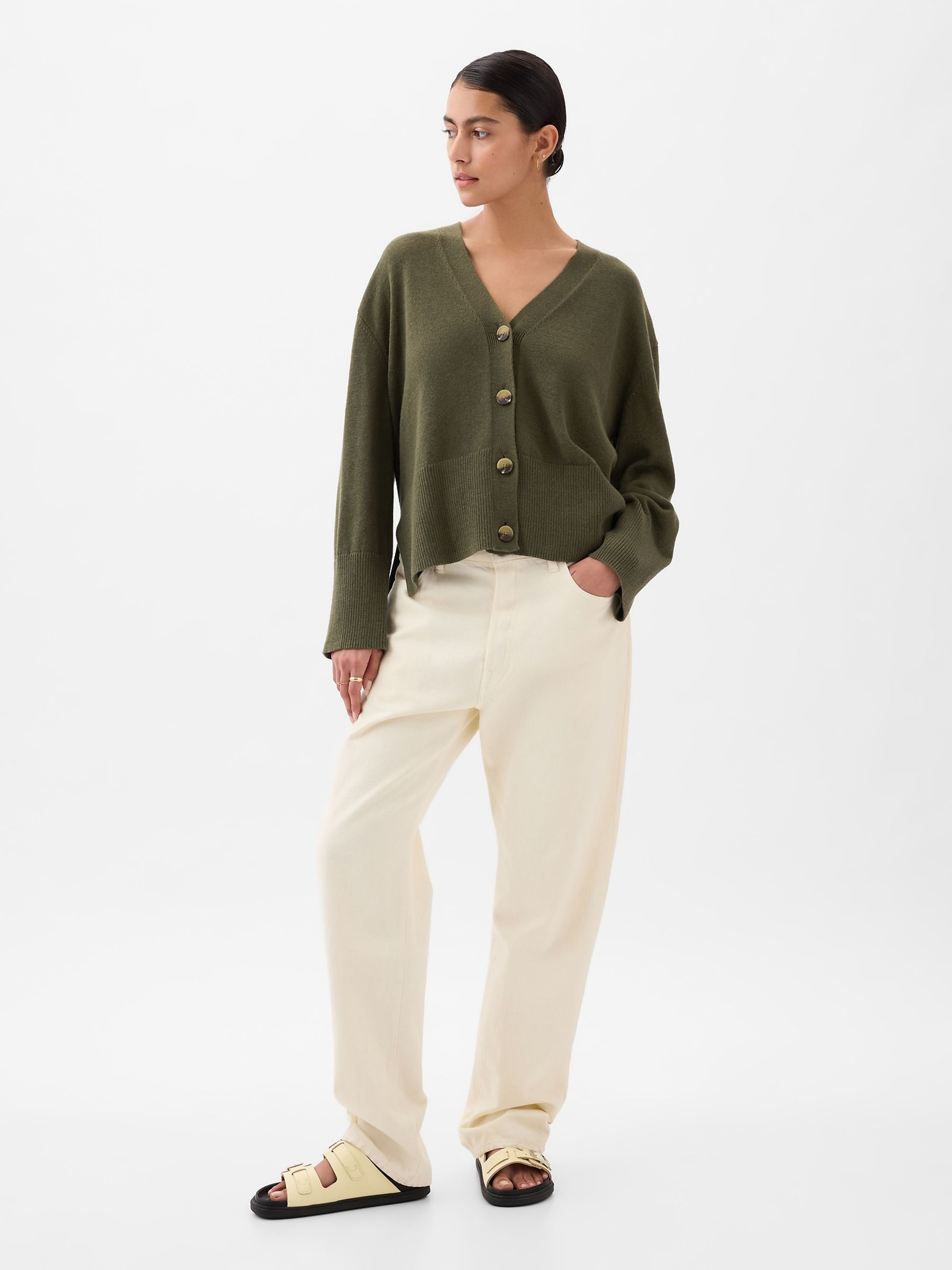 Khaki Green 24/7 Split-Hem Linen Blend Oversized Cardigan - Image 3 of 5
