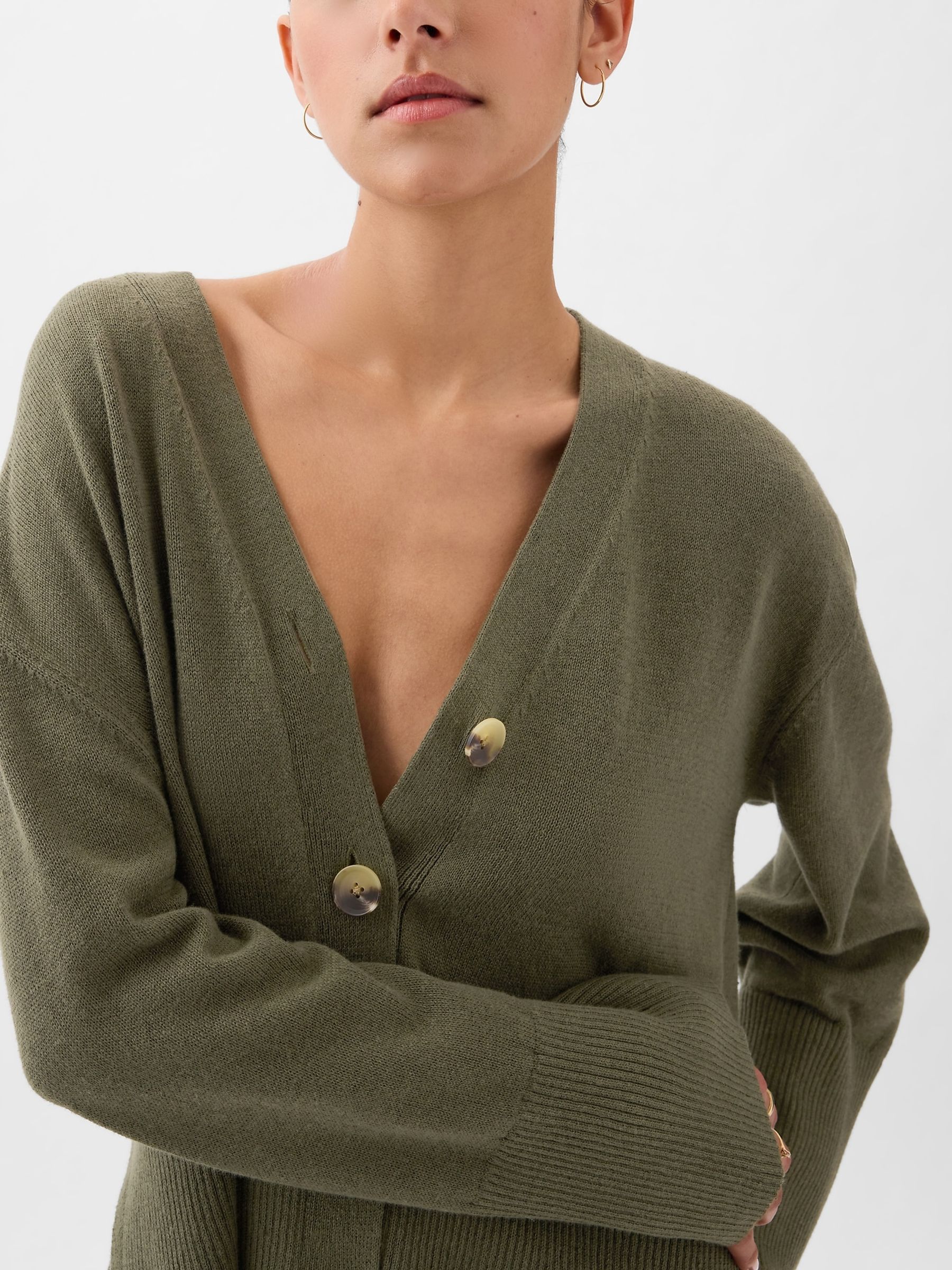 Khaki Green 24/7 Split-Hem Linen Blend Oversized Cardigan - Image 4 of 5
