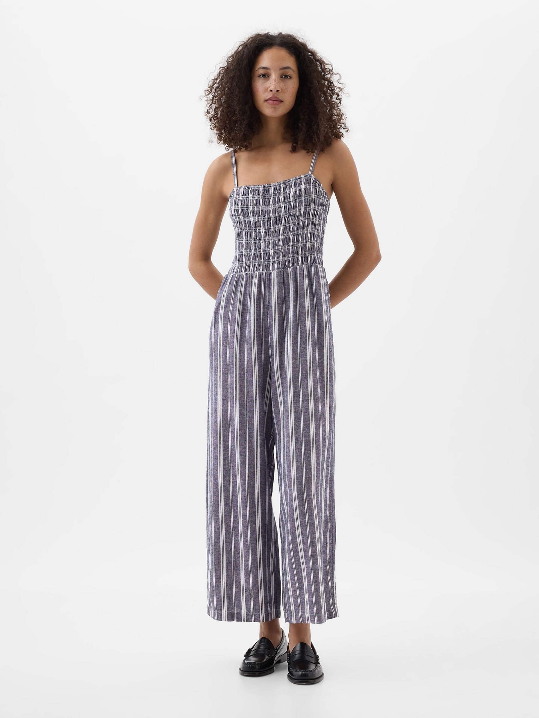 Blue Linen Blend Strappy Wide Leg Jumpsuit - Image 3 of 5