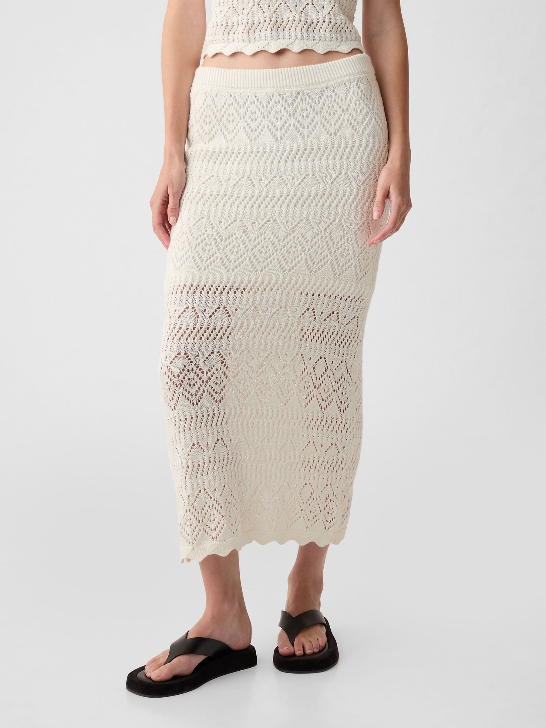 Off White Crochet Pull On Midi Skirt - Image 1 of 2