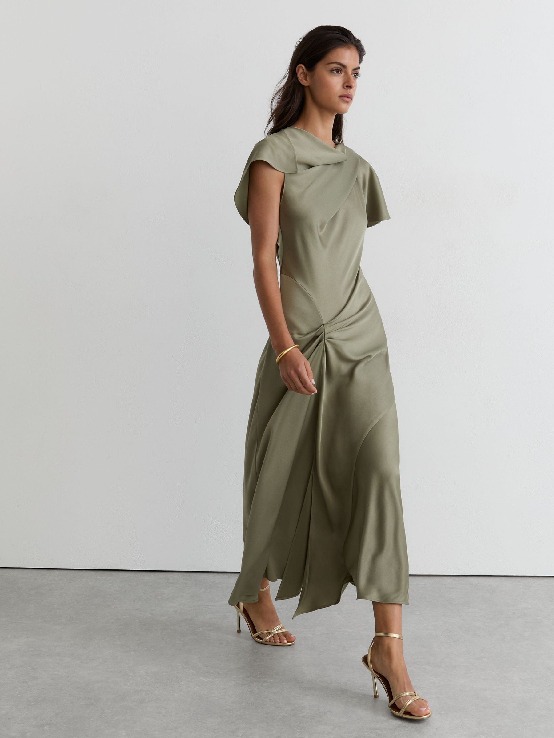 Satin Drape-Detail Midi Dress in Khaki Green - Image 1 of 7 Satin Drape-Detail Midi Dress in Khaki Green - Image 1 of 7
