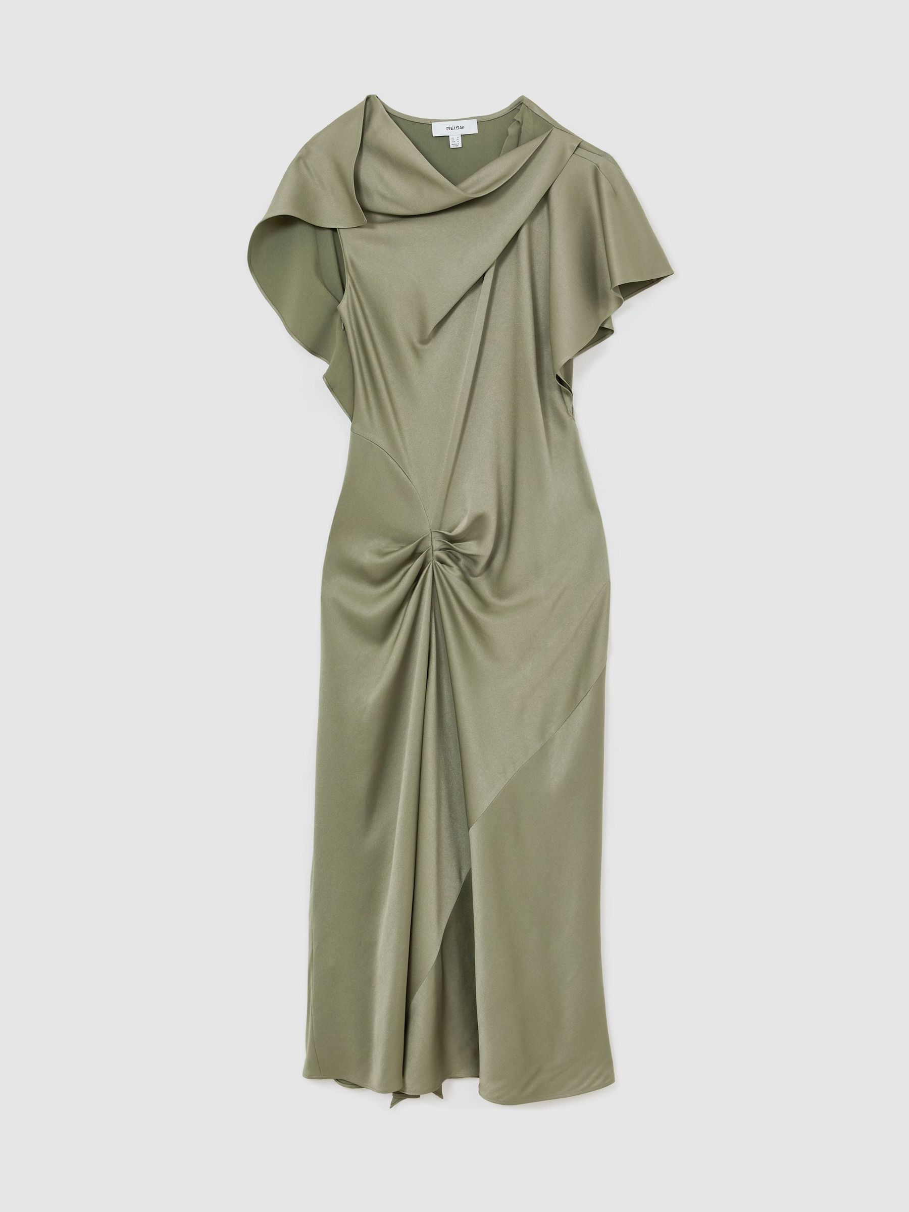 Satin Drape-Detail Midi Dress in Khaki Green - Image 2 of 7