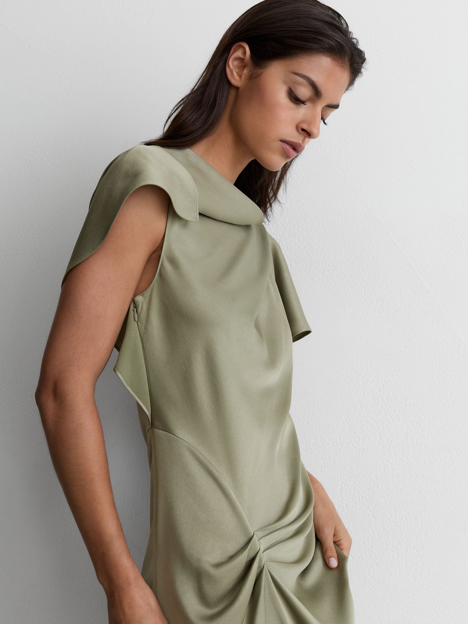 Satin Drape-Detail Midi Dress in Khaki Green - Image 3 of 7
