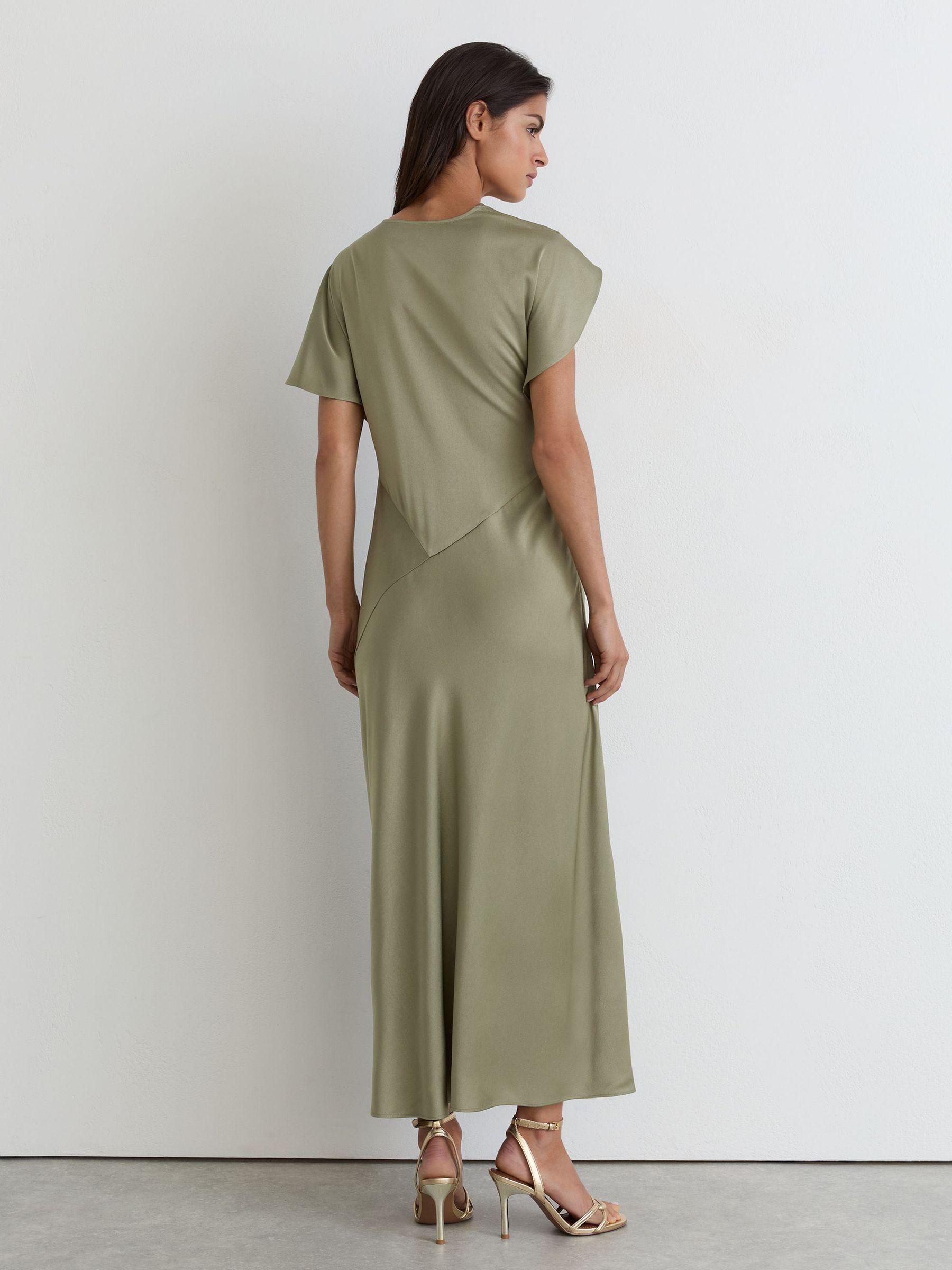 Satin Drape-Detail Midi Dress in Khaki Green - Image 5 of 7