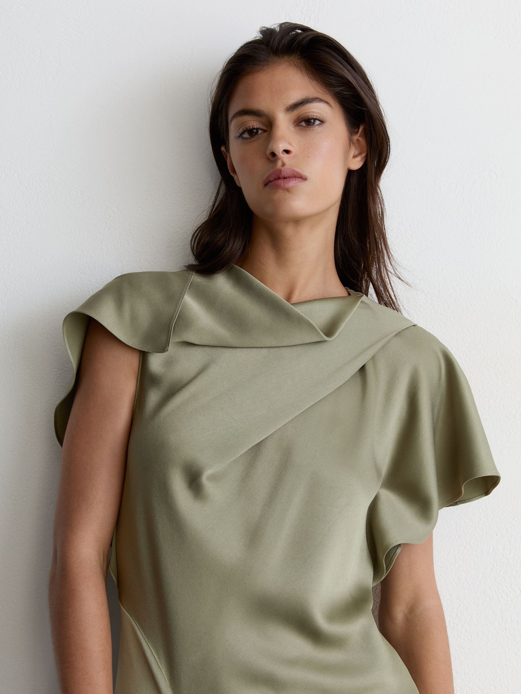 Satin Drape-Detail Midi Dress in Khaki Green - Image 6 of 7