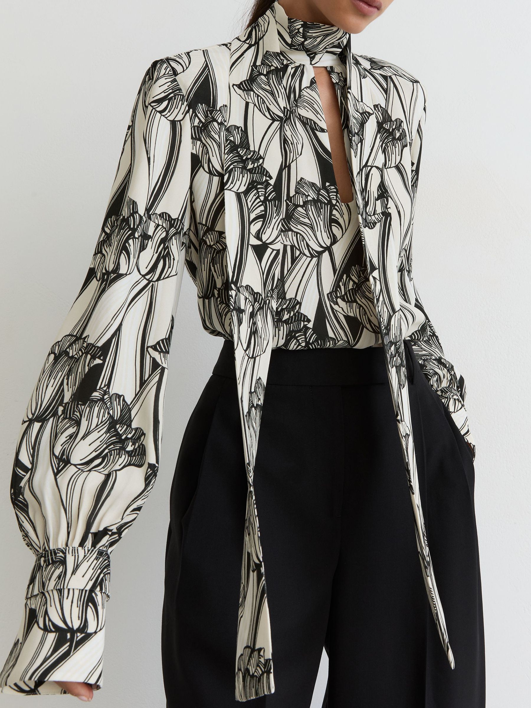 Floral-Print Tie-Neck Blouse in Black/White - Image 1 of 6