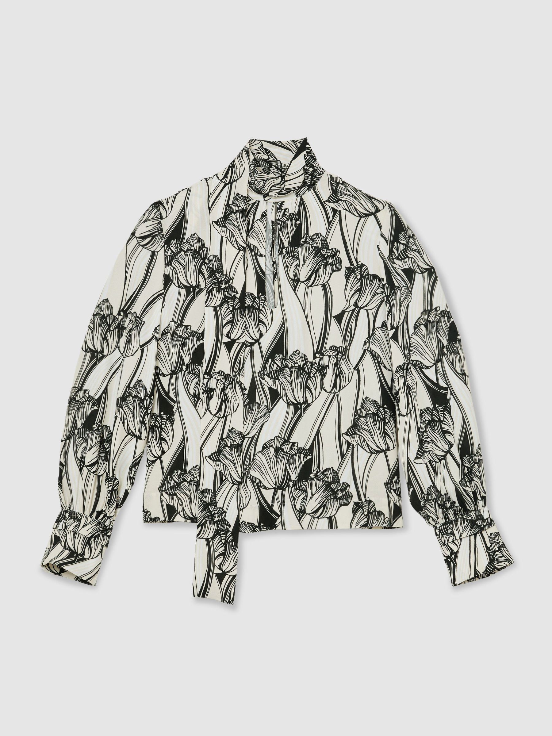 Floral-Print Tie-Neck Blouse in Black/White - Image 2 of 6