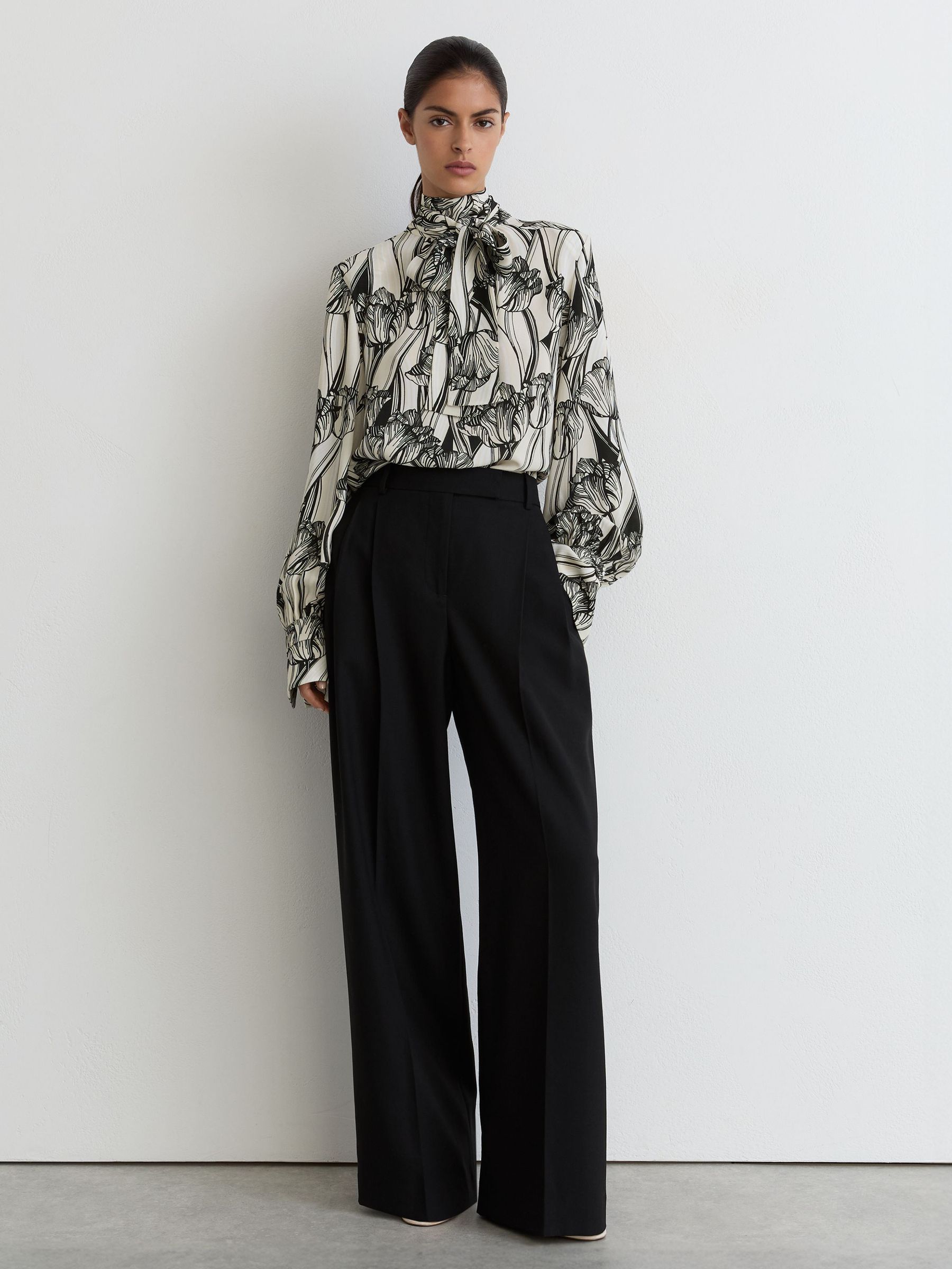 Floral-Print Tie-Neck Blouse in Black/White - Image 3 of 6