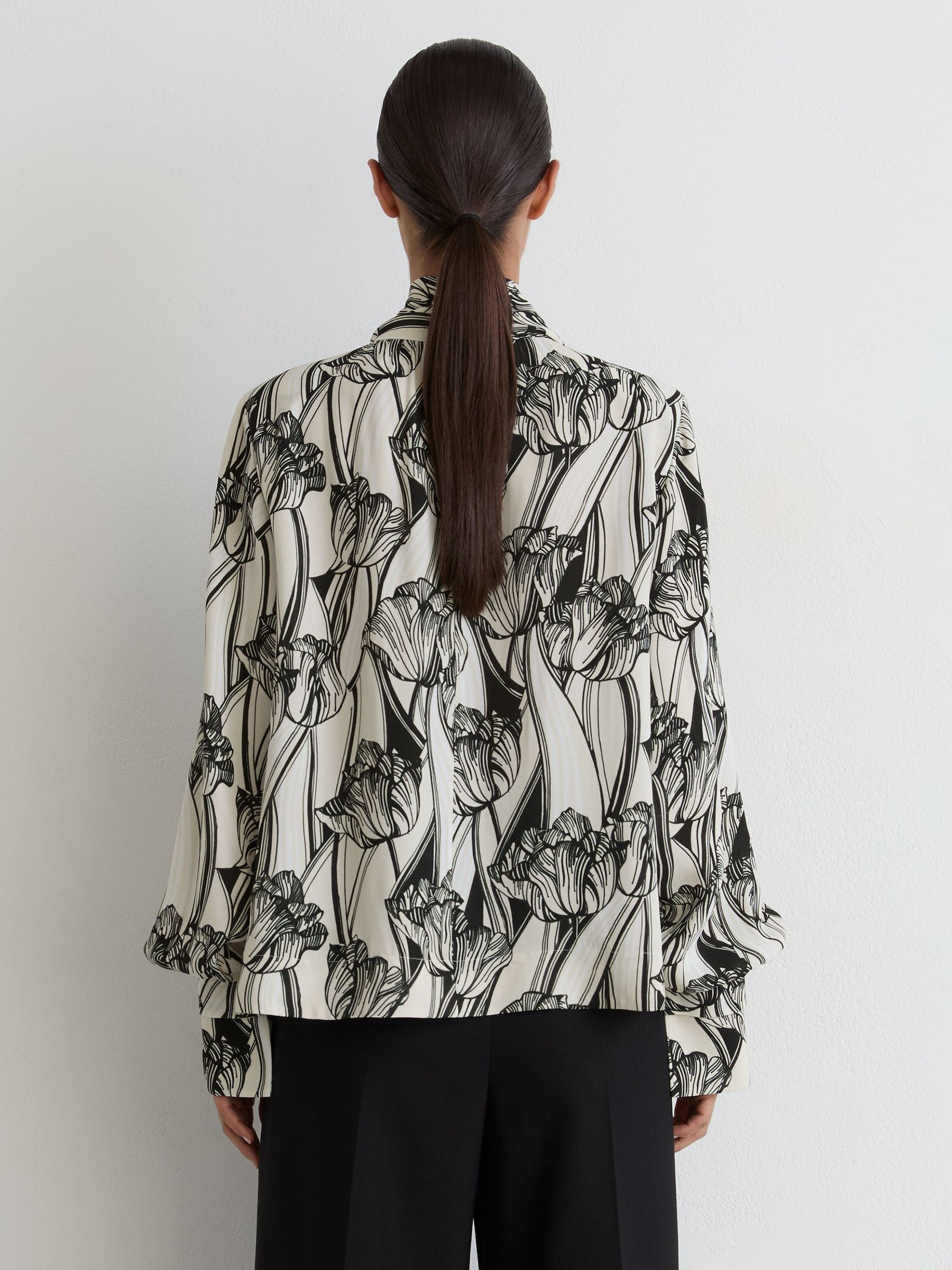 Floral-Print Tie-Neck Blouse in Black/White - Image 4 of 6