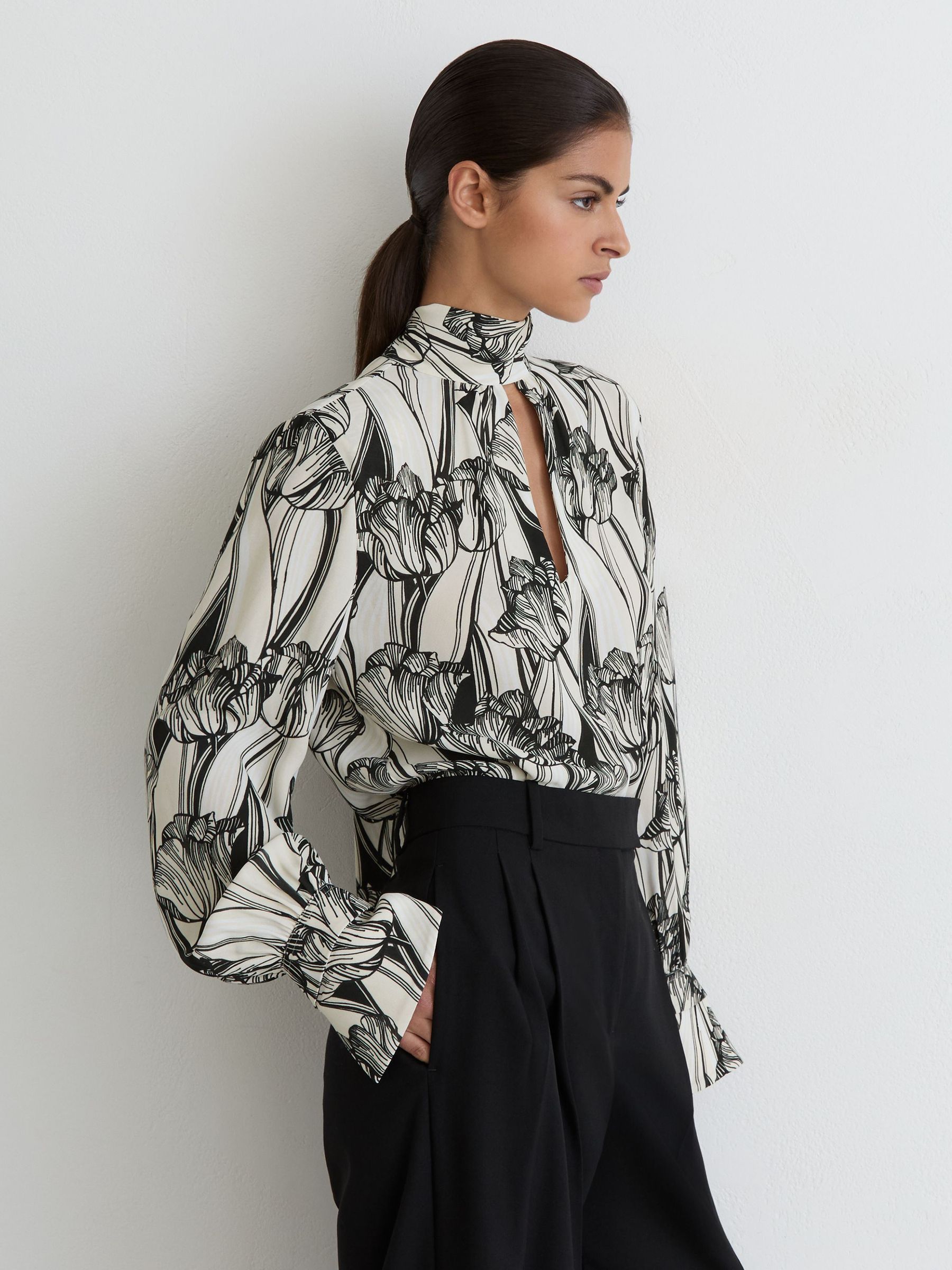 Floral-Print Tie-Neck Blouse in Black/White - Image 5 of 6