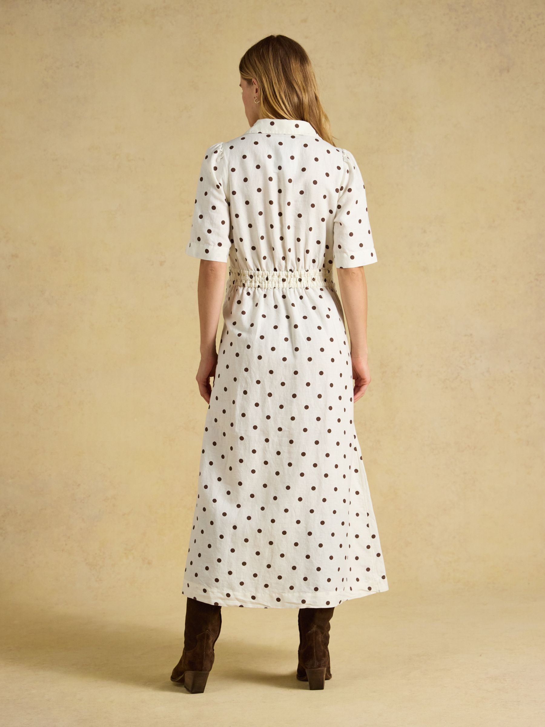 Marina Cream Spot Knot Linen Midi Dress - Image 2 of 7