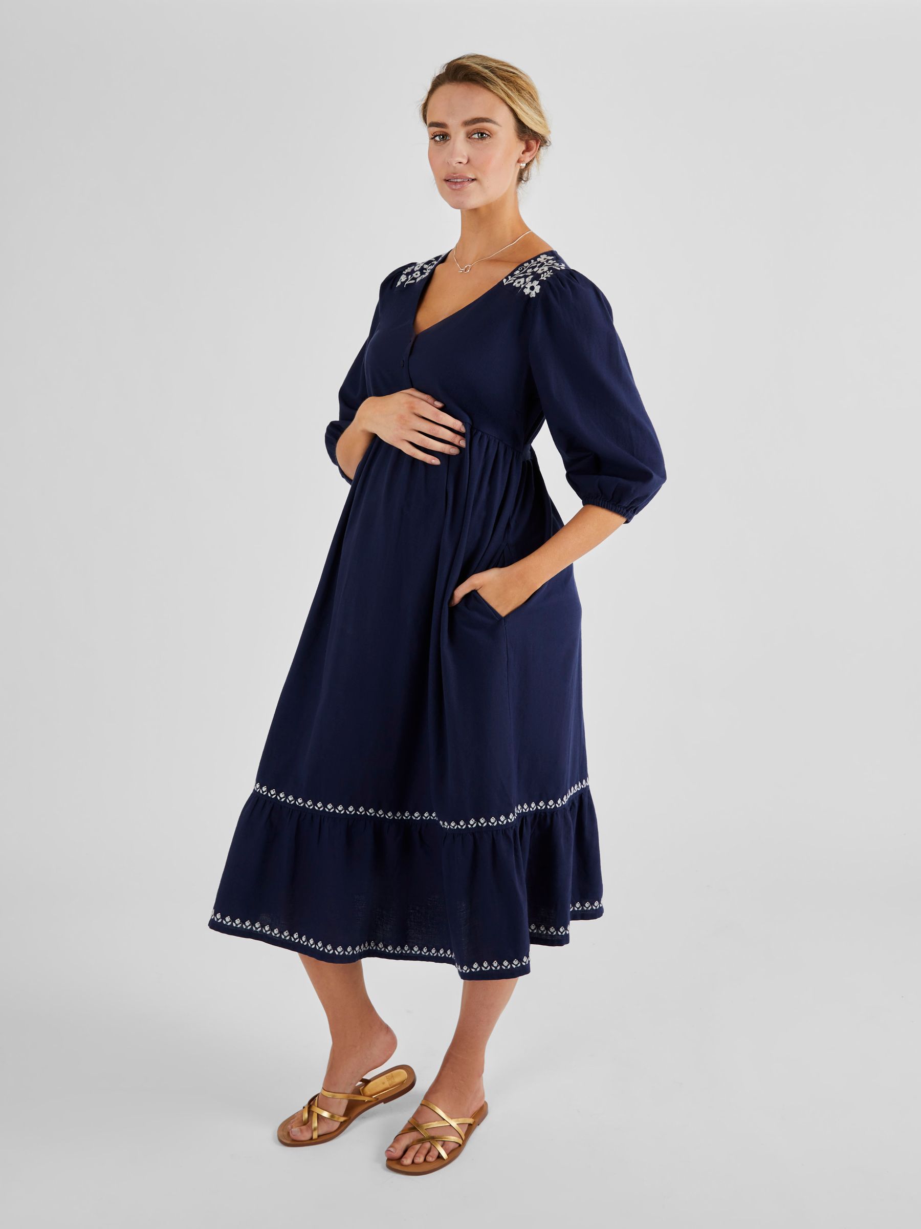 Navy Linen Blend Embroidered Maternity Dress - Image 3 of 4