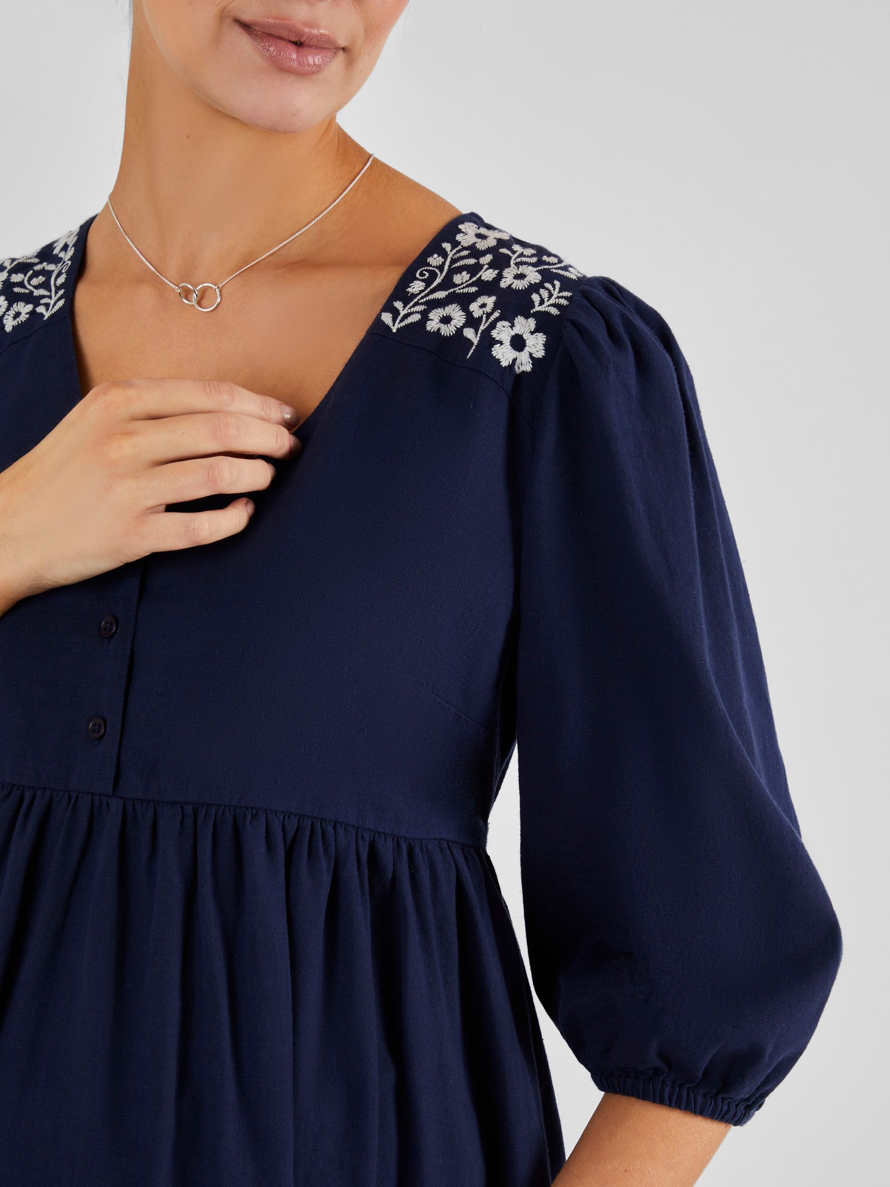 Navy Linen Blend Embroidered Maternity Dress - Image 4 of 4