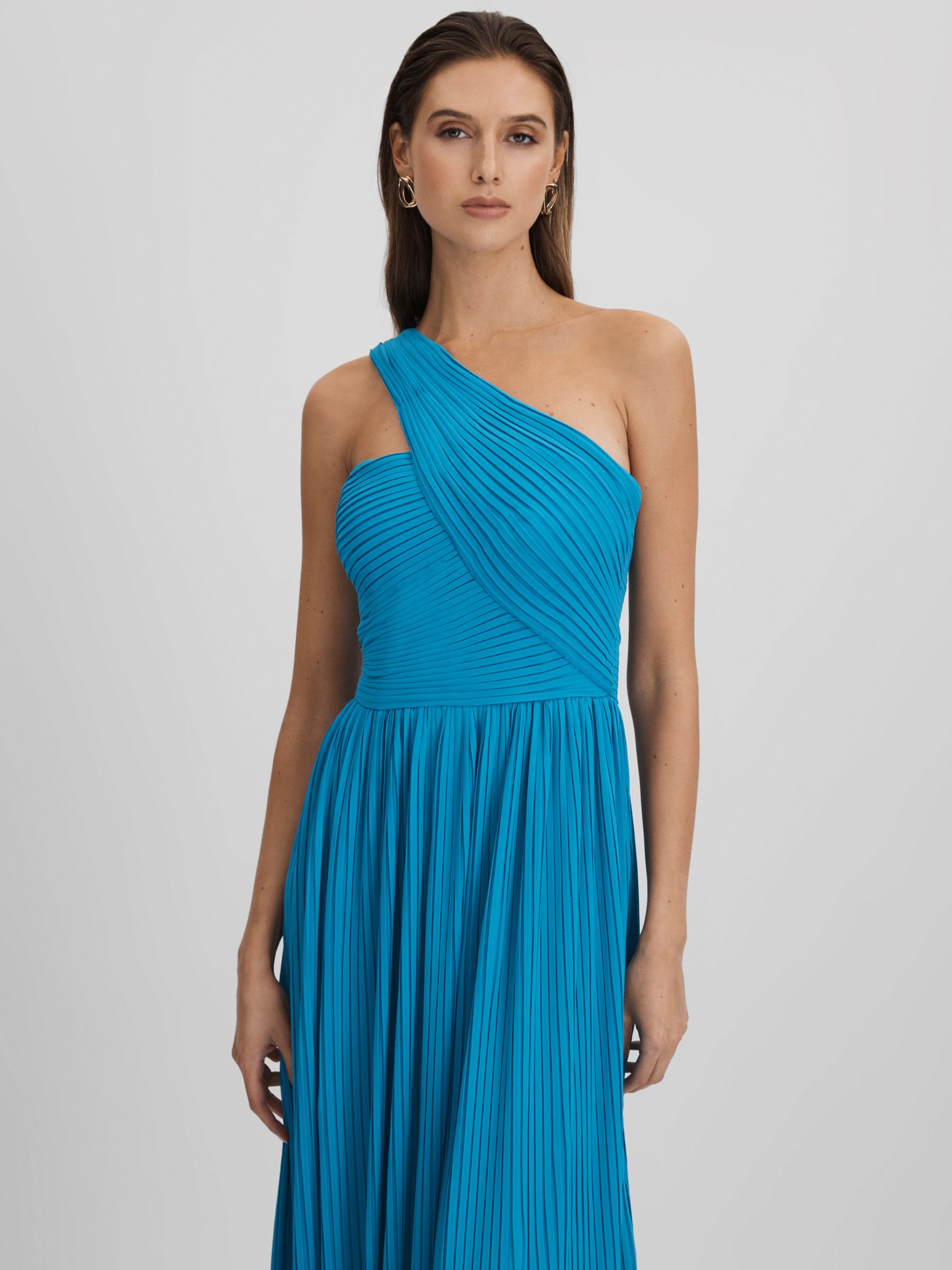 Reiss Amur One Shoulder Pleated Maxi Dress in Blue Surf | REISS