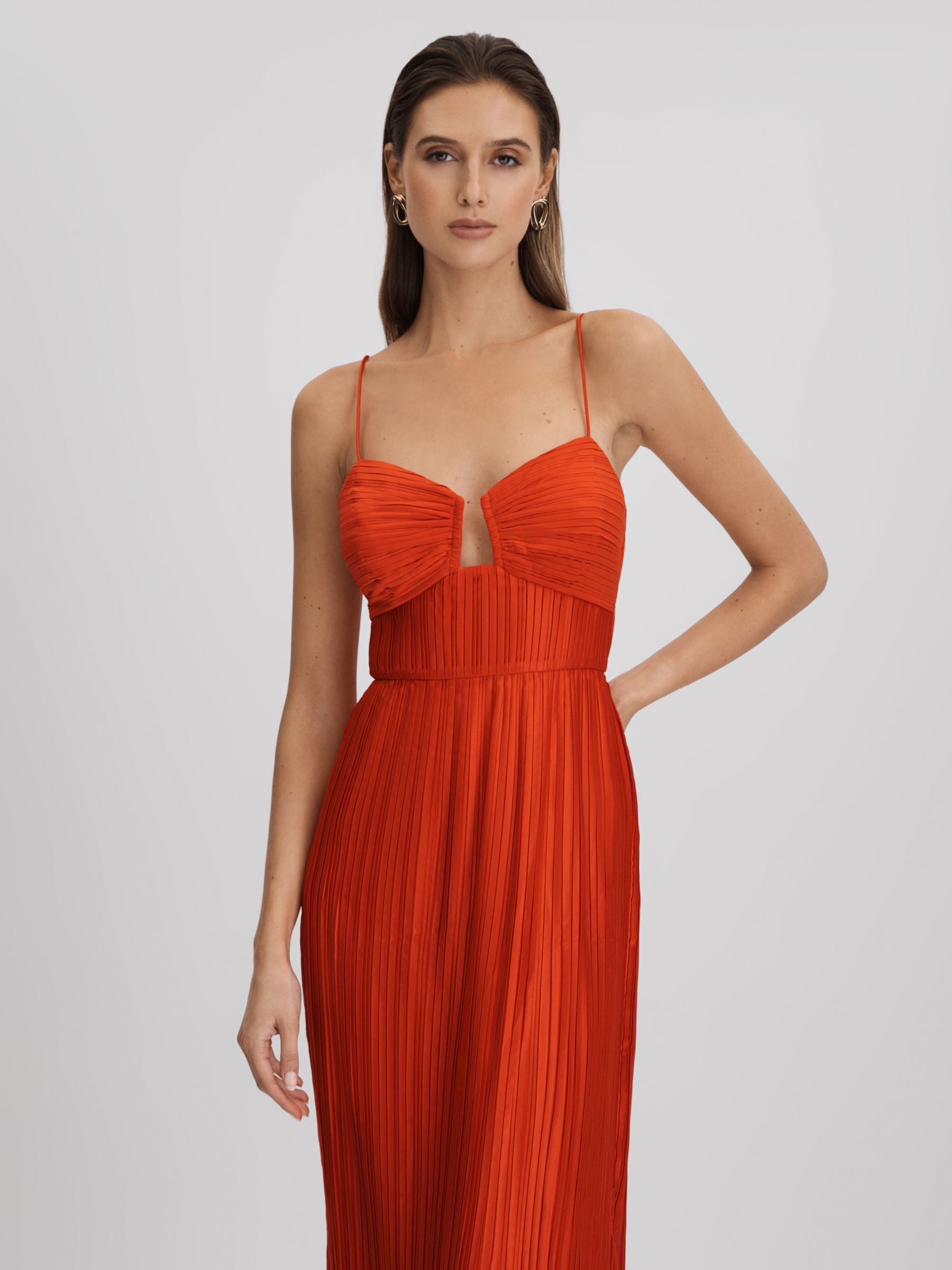 Reiss Amur Ruffle Hem Pleated Midi Dress in Crimson Red | REISS