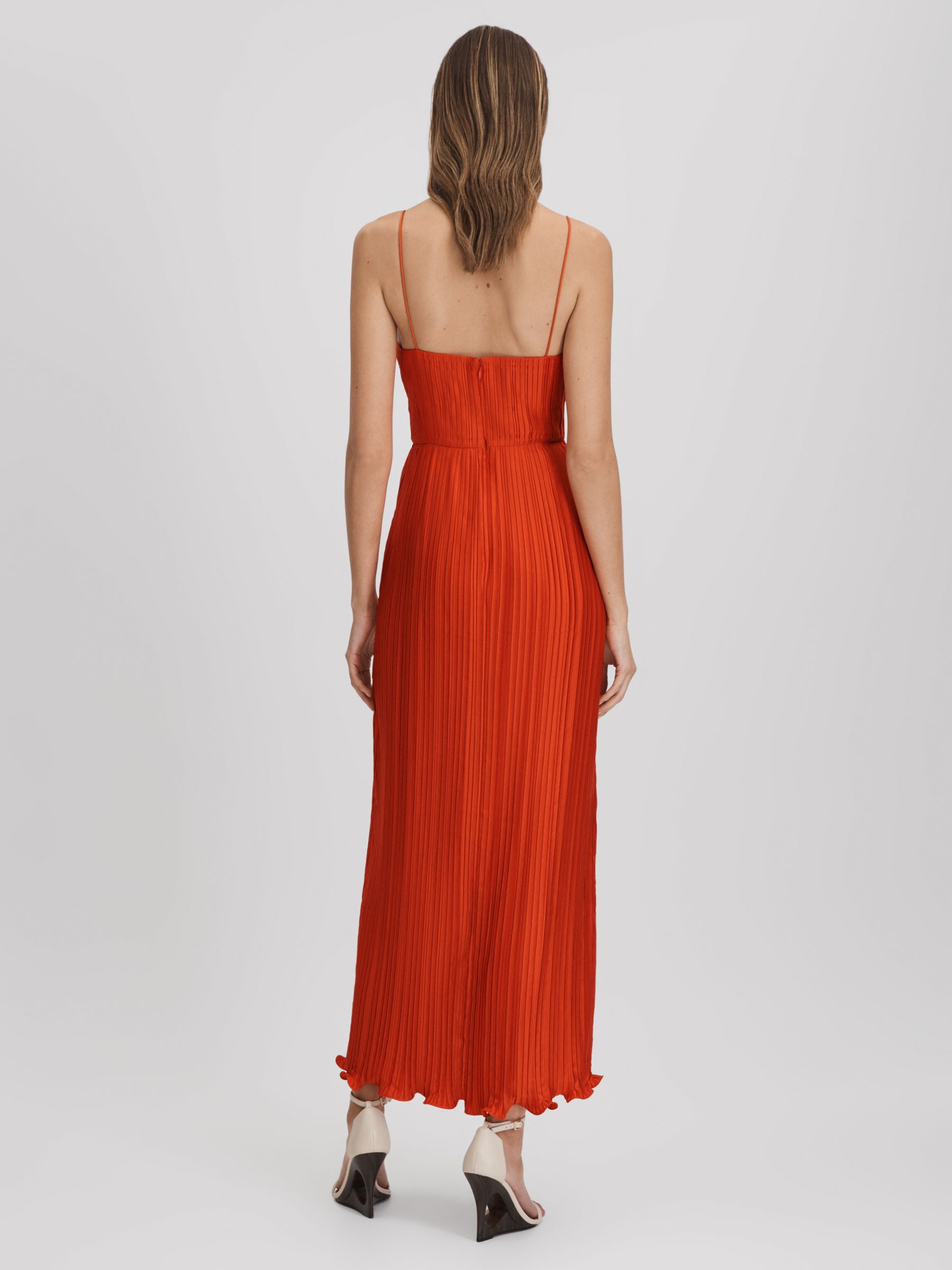 Reiss Amur Ruffle Hem Pleated Midi Dress in Crimson Red | REISS