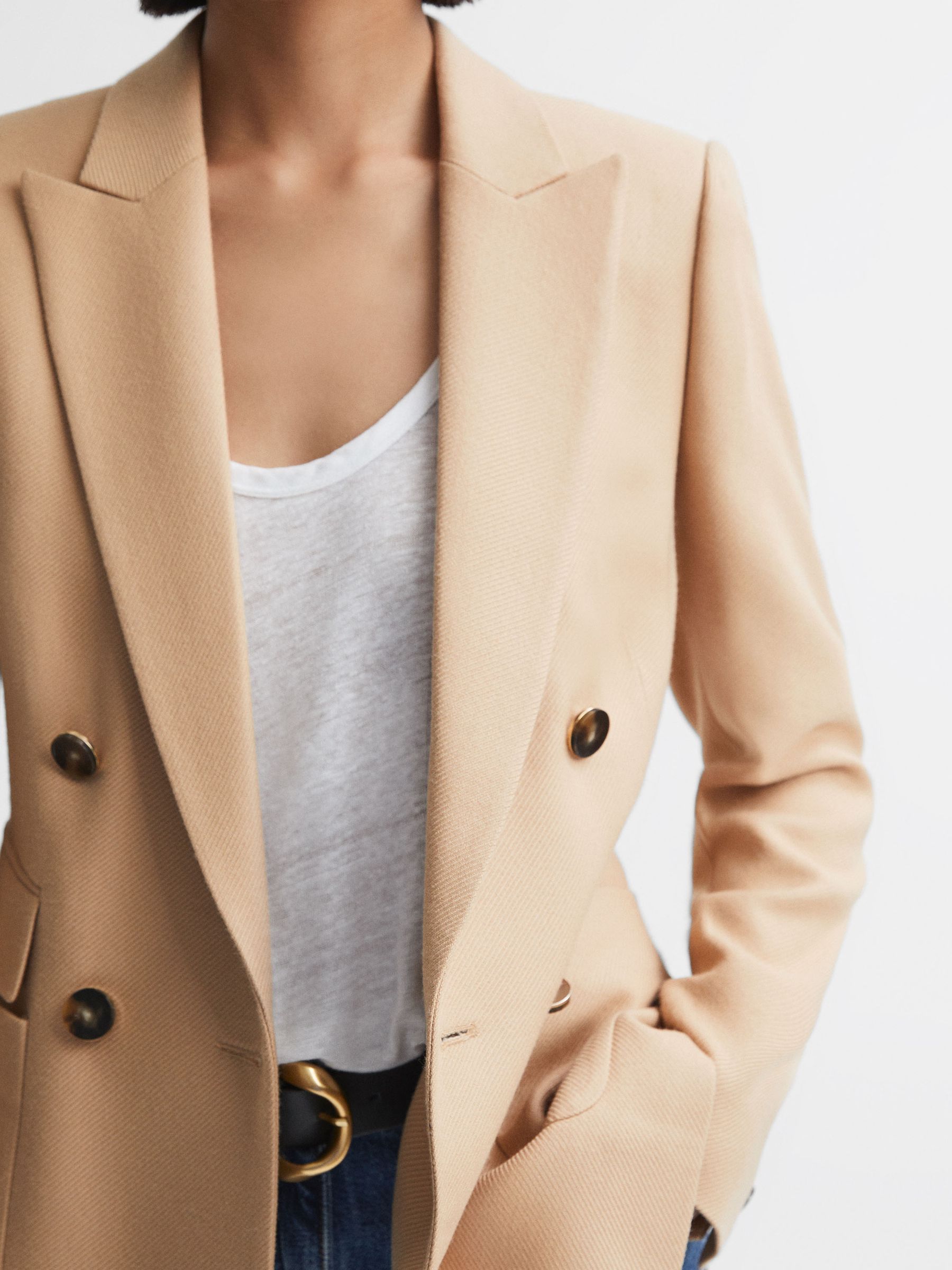 Reiss Double Breasted Twill Blazer in Light Camel | REISS