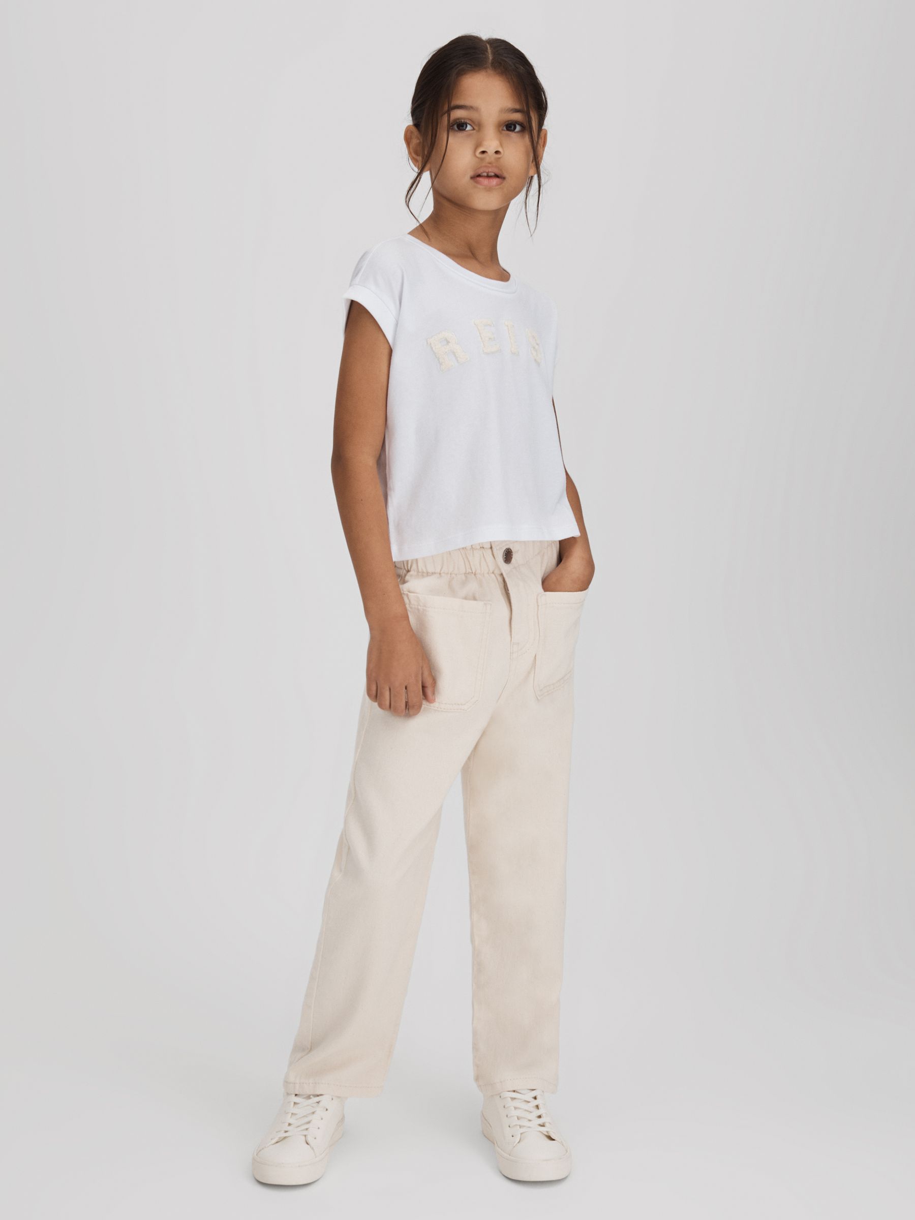 4-9 yrs Textured Motif Cotton Crew Neck T-Shirt in White - Image 1 of 7