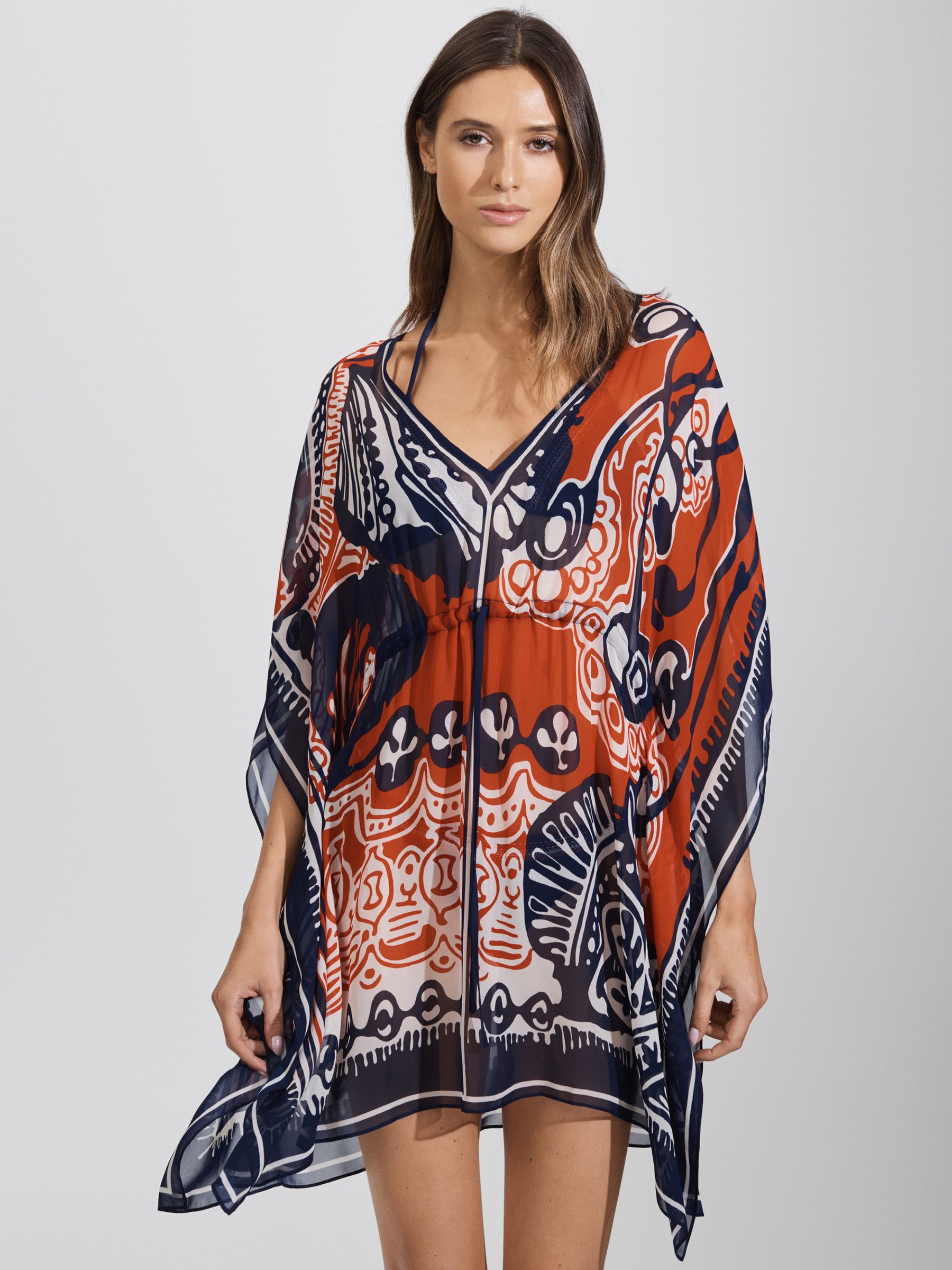 Printed Drawstring Waist Kaftan in Navy/Red - Image 1 of 7