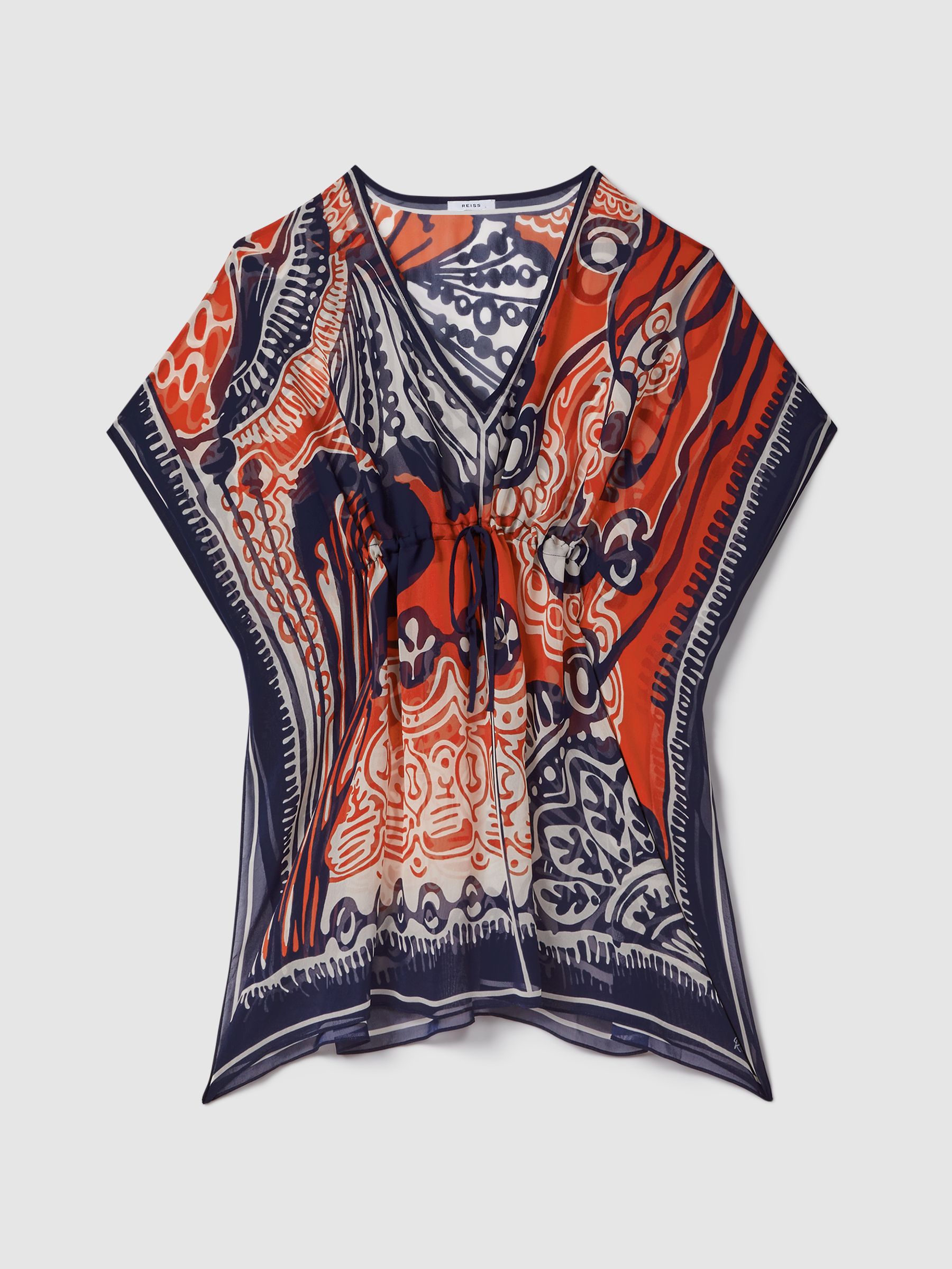 Printed Drawstring Waist Kaftan in Navy/Red - Image 2 of 7