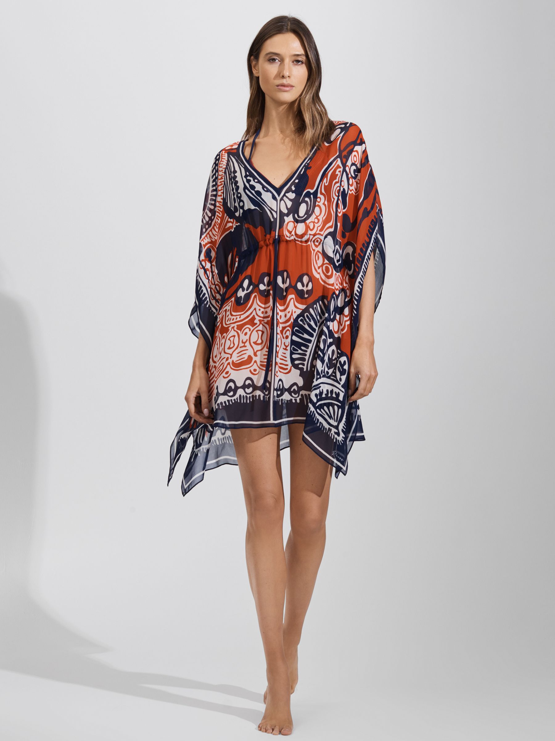 Printed Drawstring Waist Kaftan in Navy/Red - Image 3 of 7