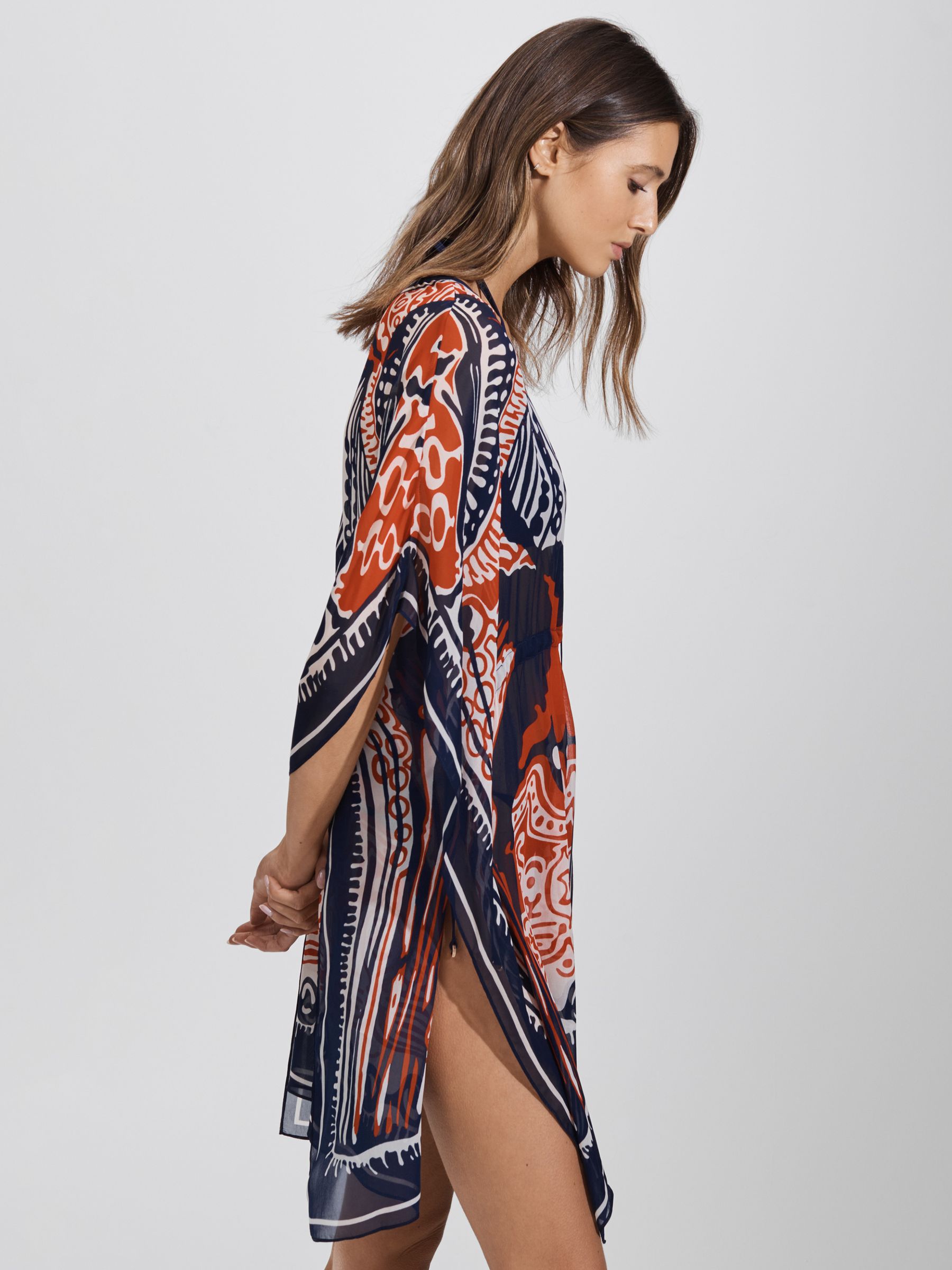 Printed Drawstring Waist Kaftan in Navy/Red - Image 4 of 7