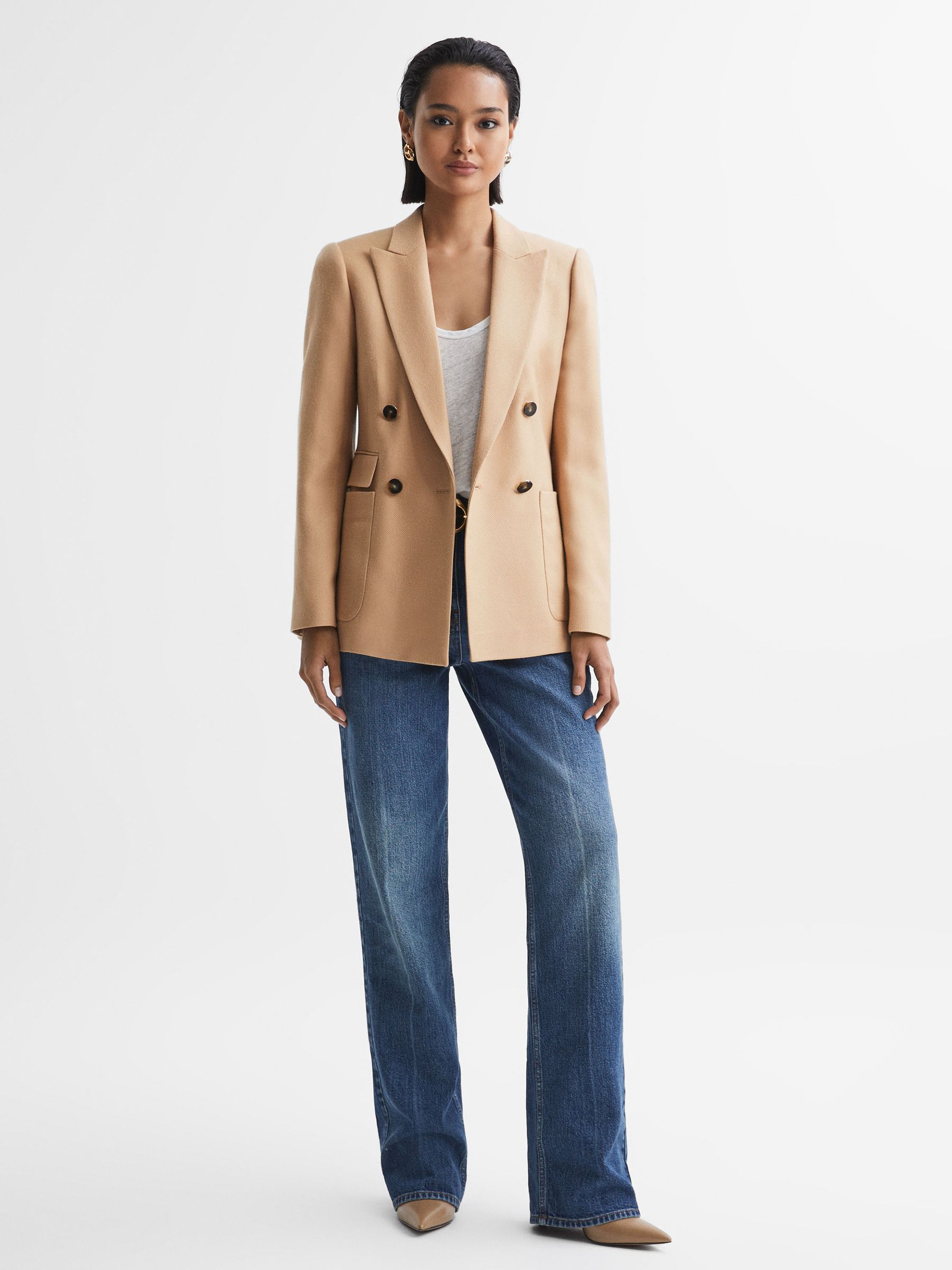 Reiss Larsson Light Camel Petite Double Breasted Twill Blazer REISS