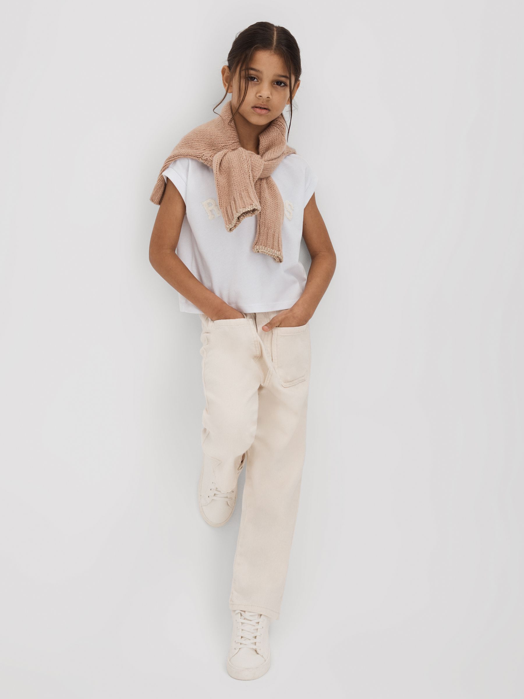 Teen Textured Motif Cotton Crew Neck T-Shirt in White - Image 6 of 7