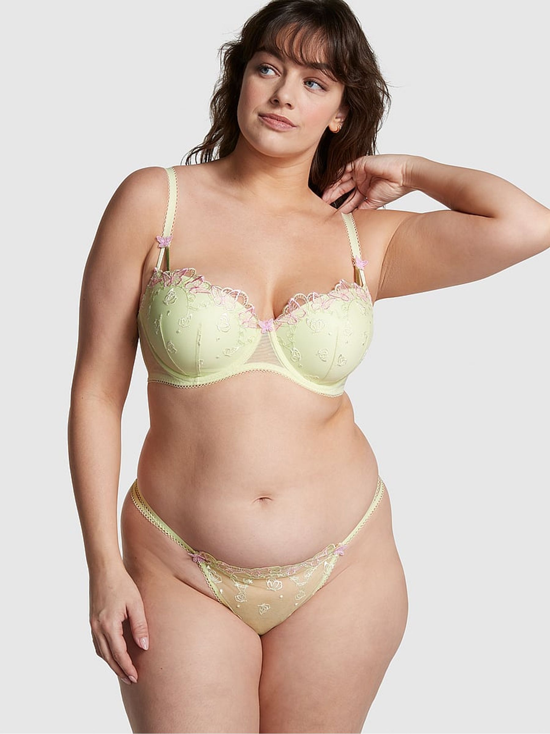 Lime Green Lightly Lined Balcony Embroidered Butterfly Lace Bra - Image 3 of 4