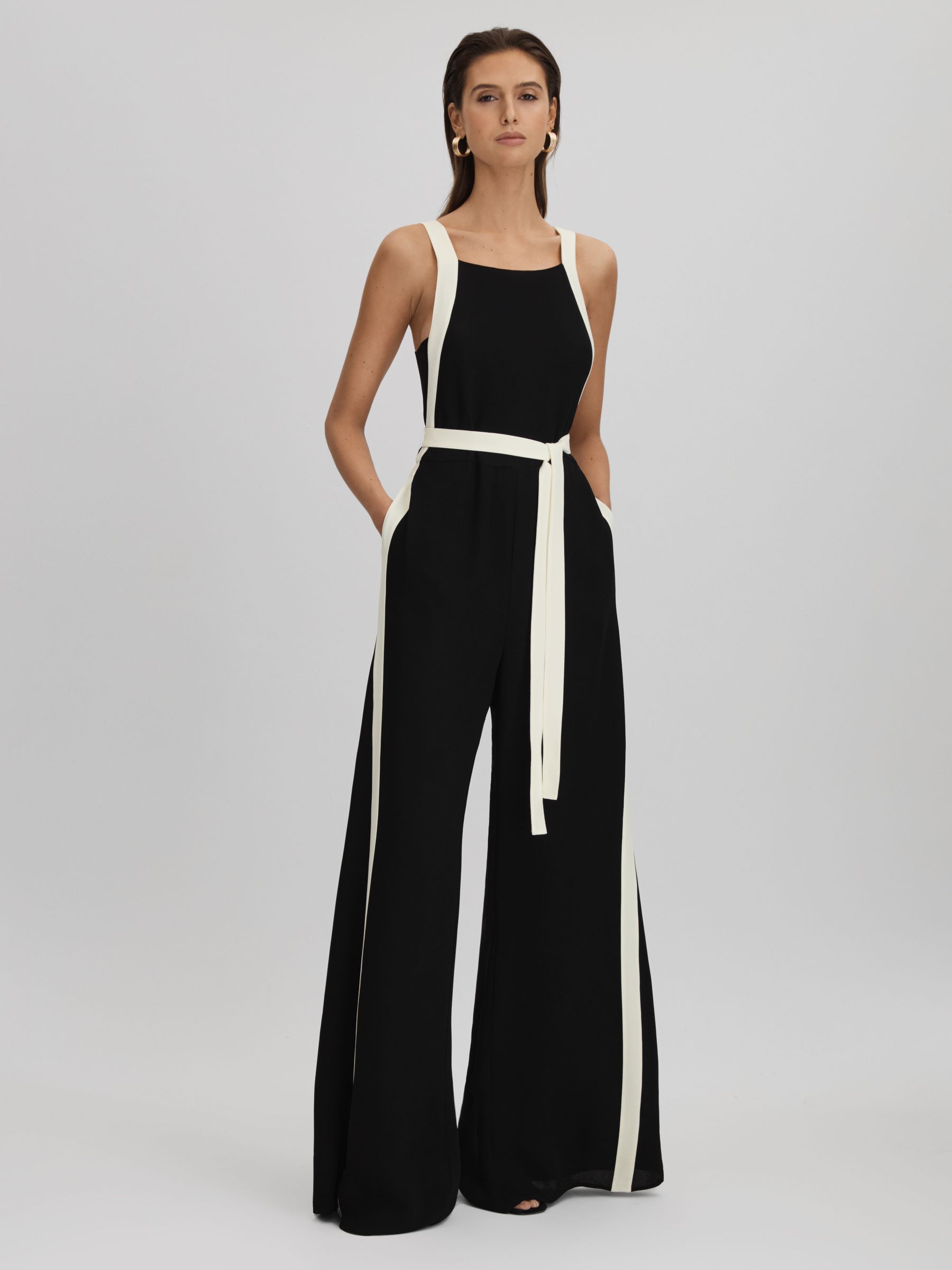 Reiss Contrast Trim Belted Jumpsuit in Black/White REISS