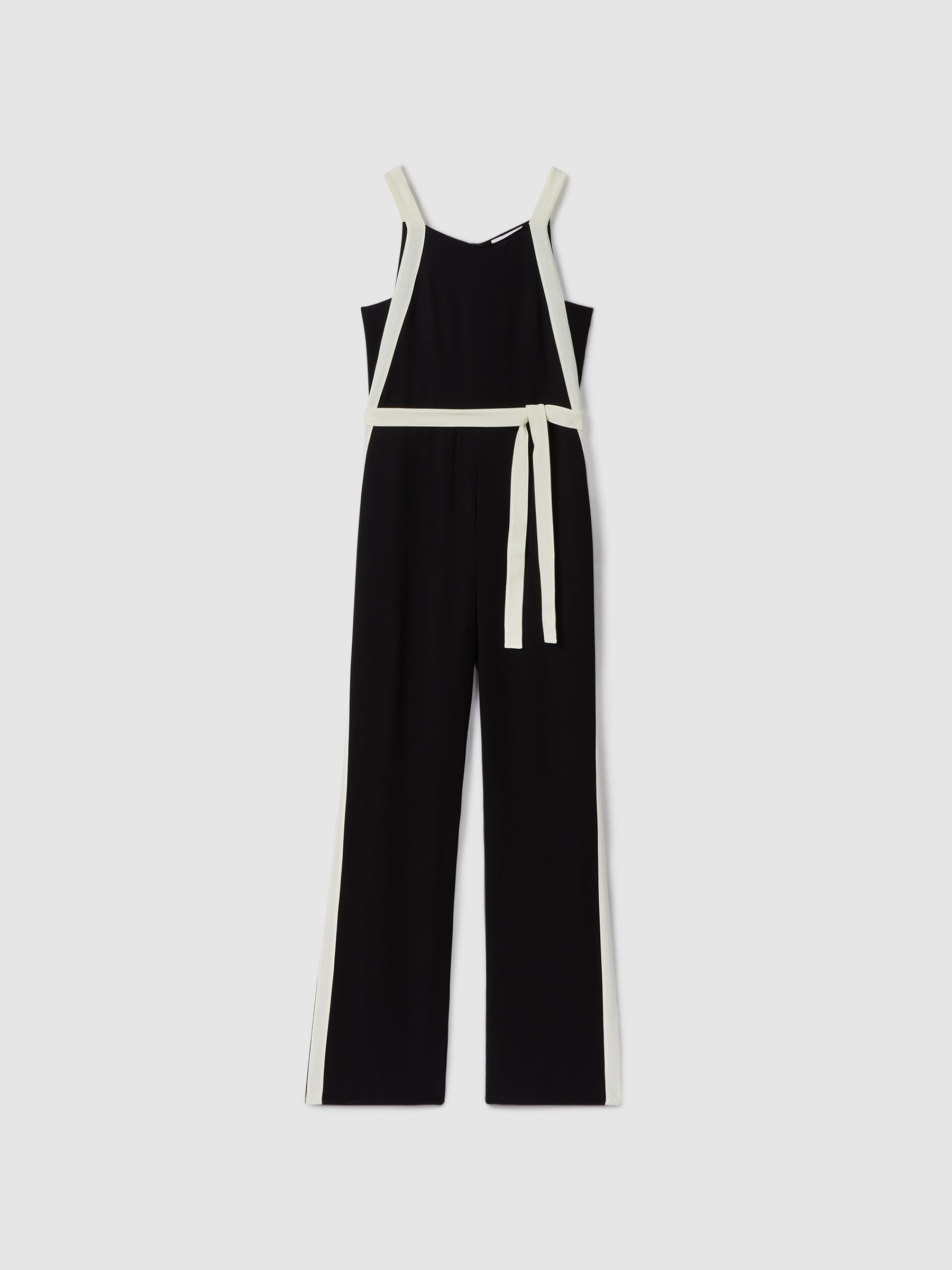 Contrast Trim Belted Jumpsuit in Black/White - Image 2 of 6