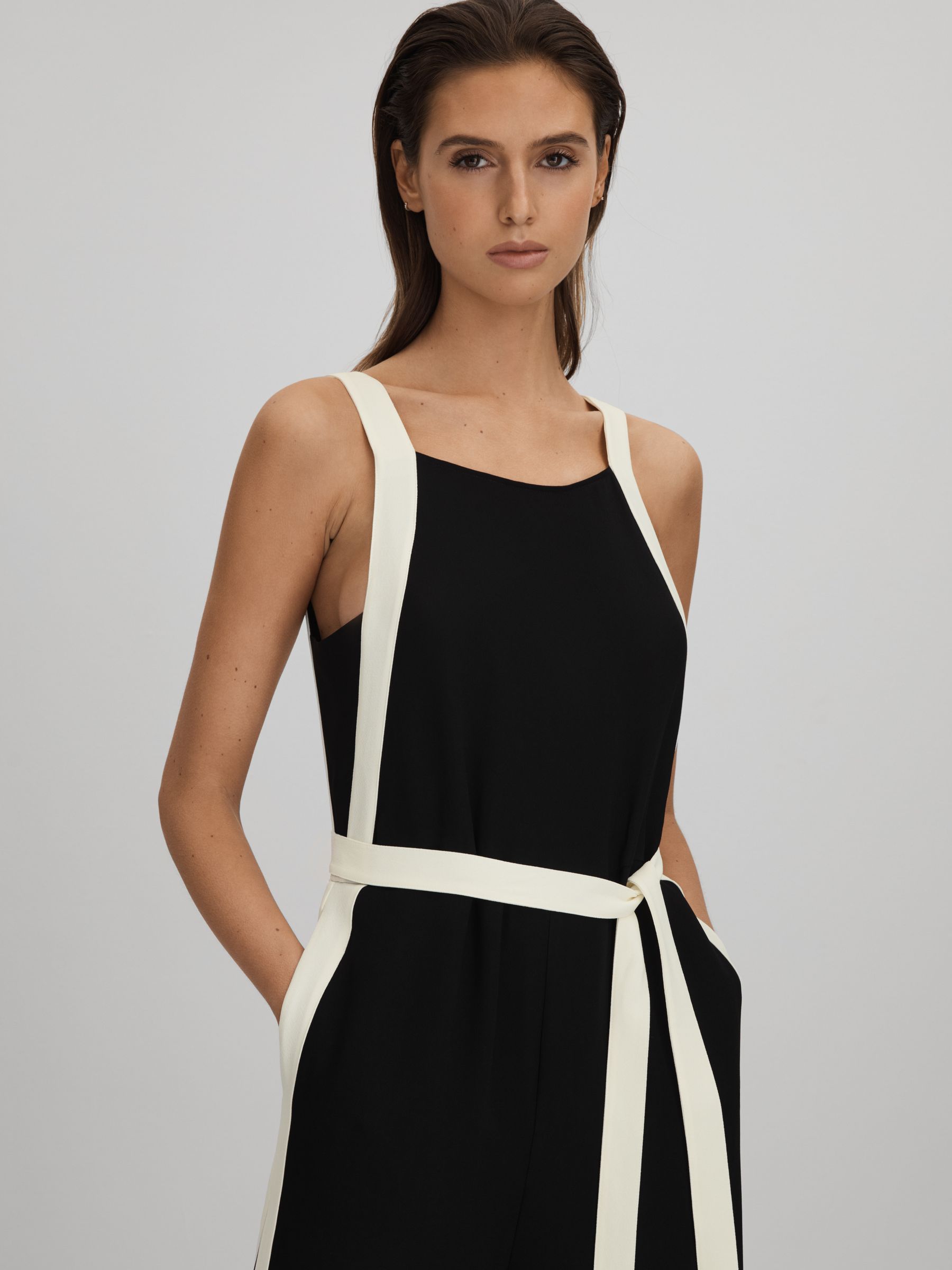Contrast Trim Belted Jumpsuit in Black/White - Image 3 of 6