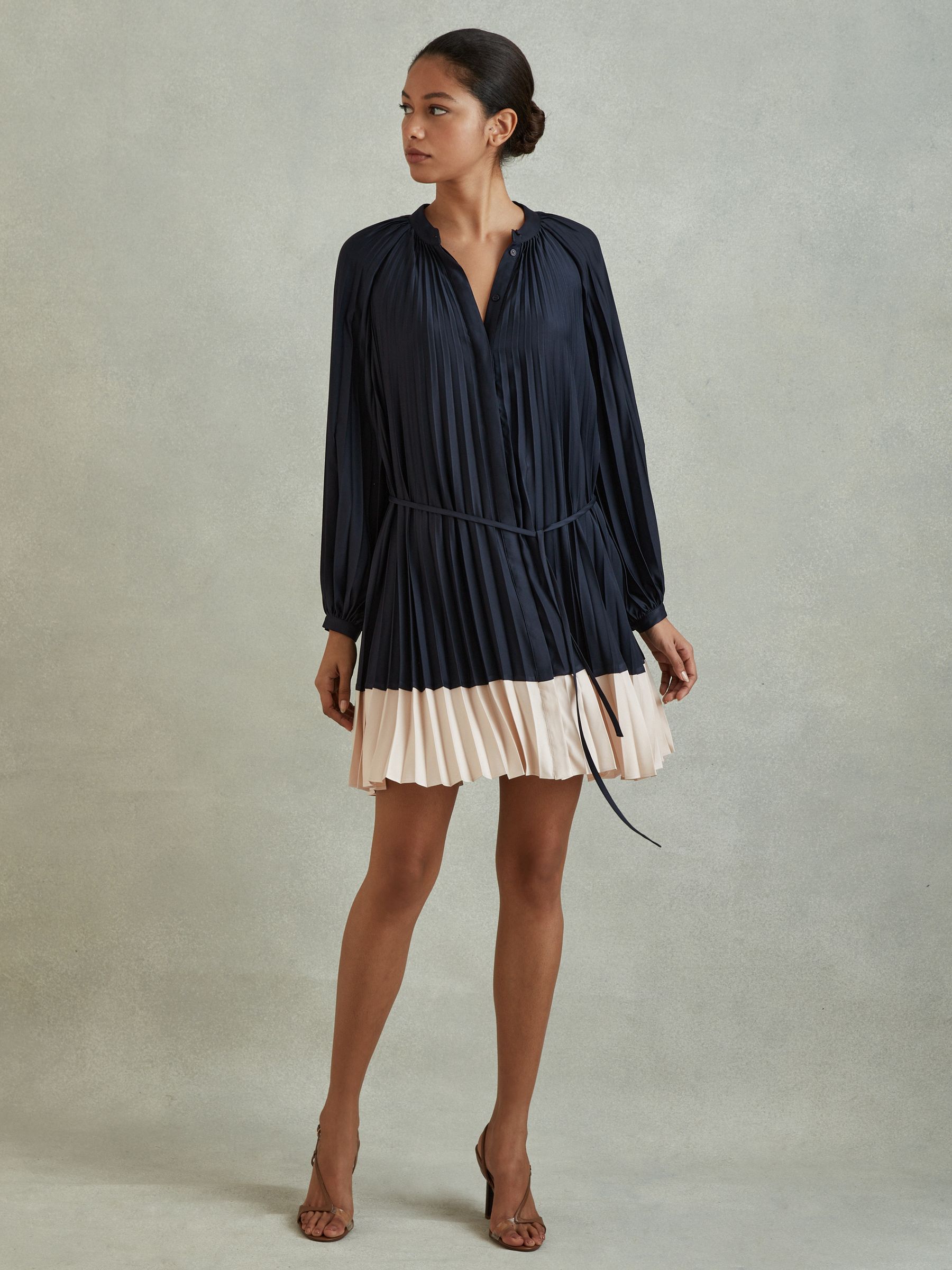 Pleated Colourblock Mini Dress in Navy/Blush - Image 1 of 6