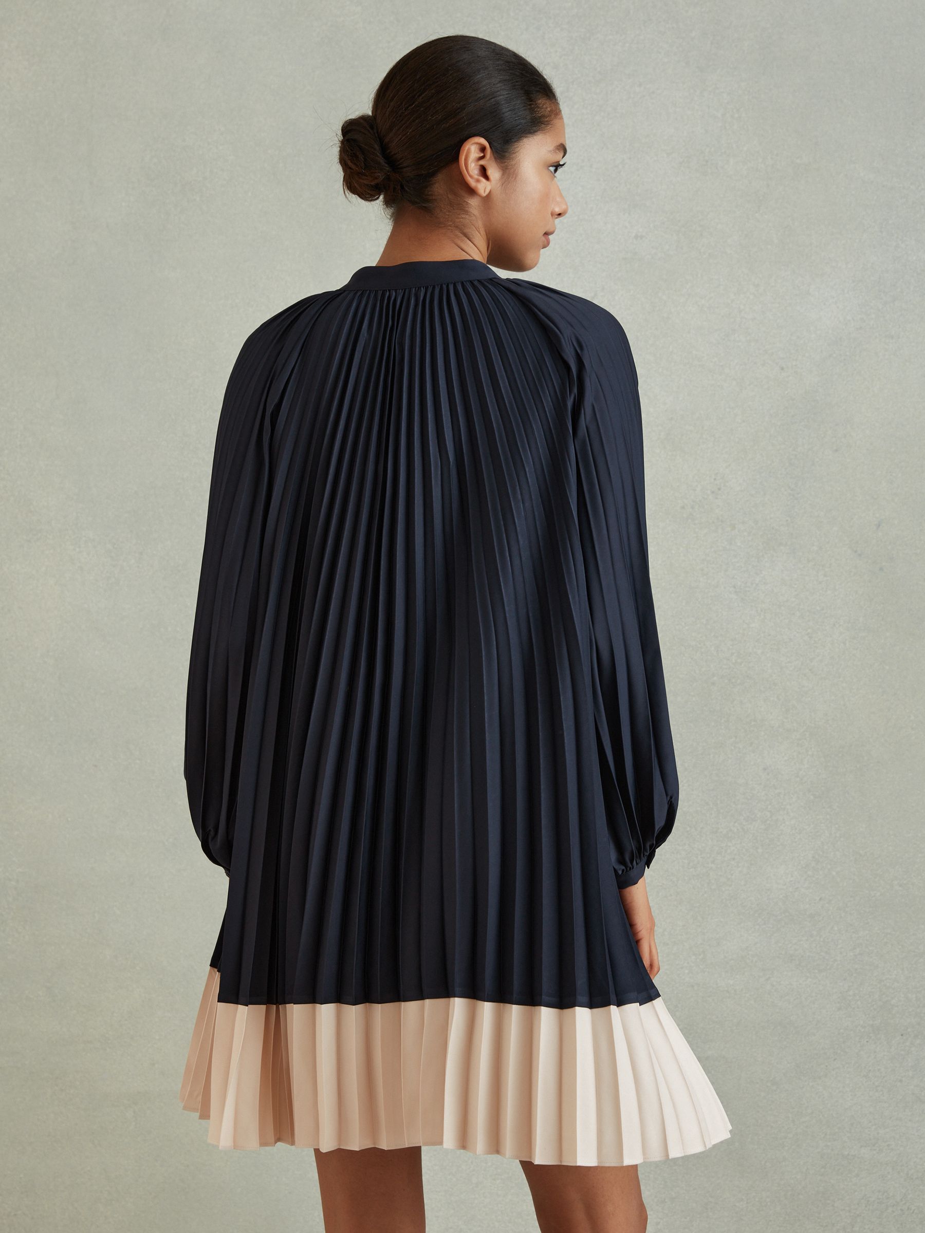 Pleated Colourblock Mini Dress in Navy/Blush - Image 5 of 6