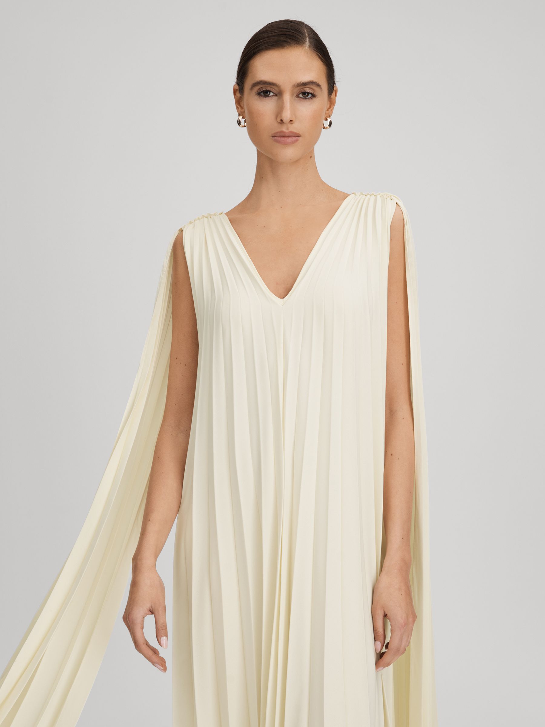 Pleated Cape Sleeve Midi Dress in Lemon - Image 3 of 8