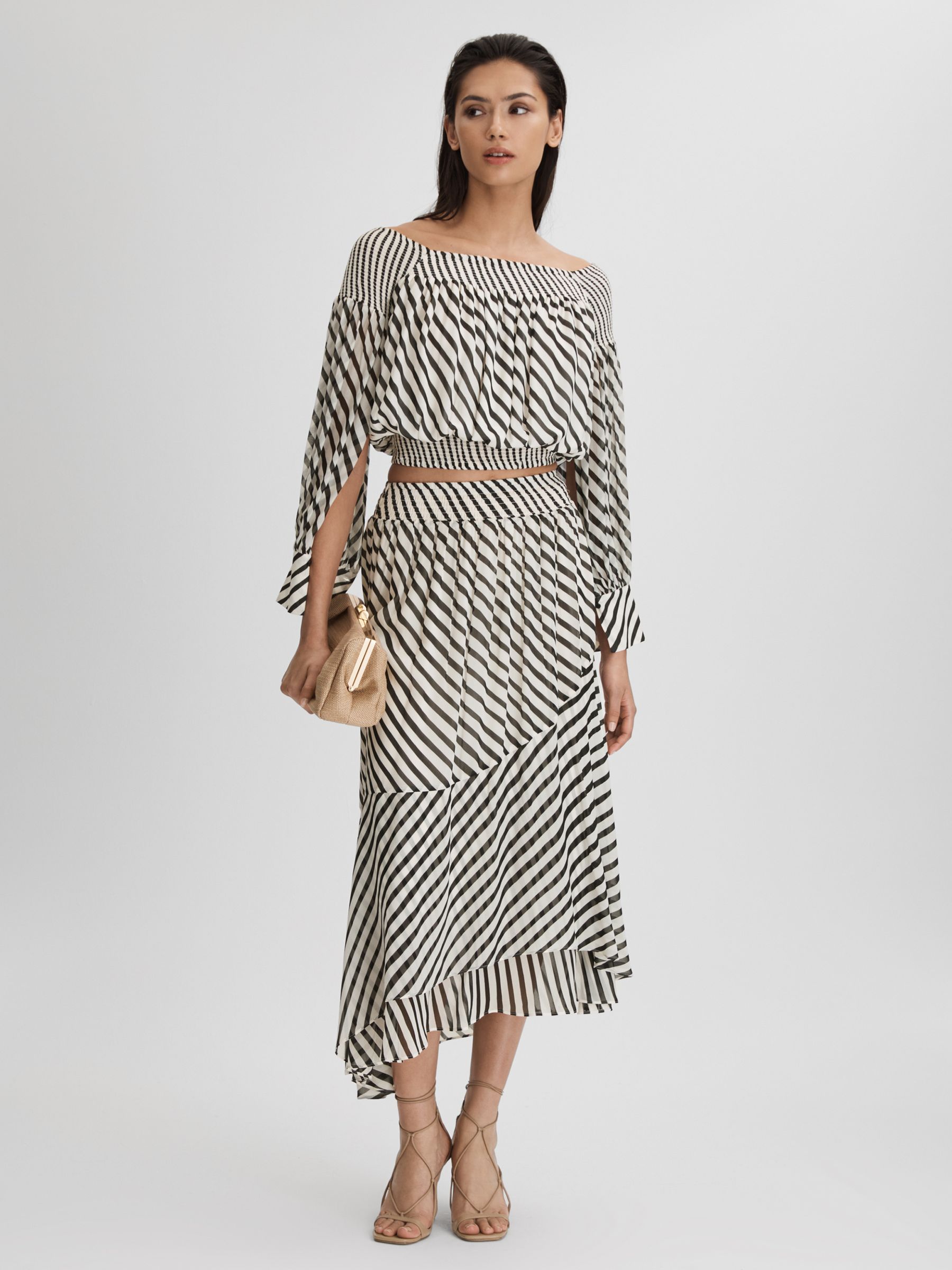 Striped Panelled Midi Skirt in Black/Cream - Image 1 of 4