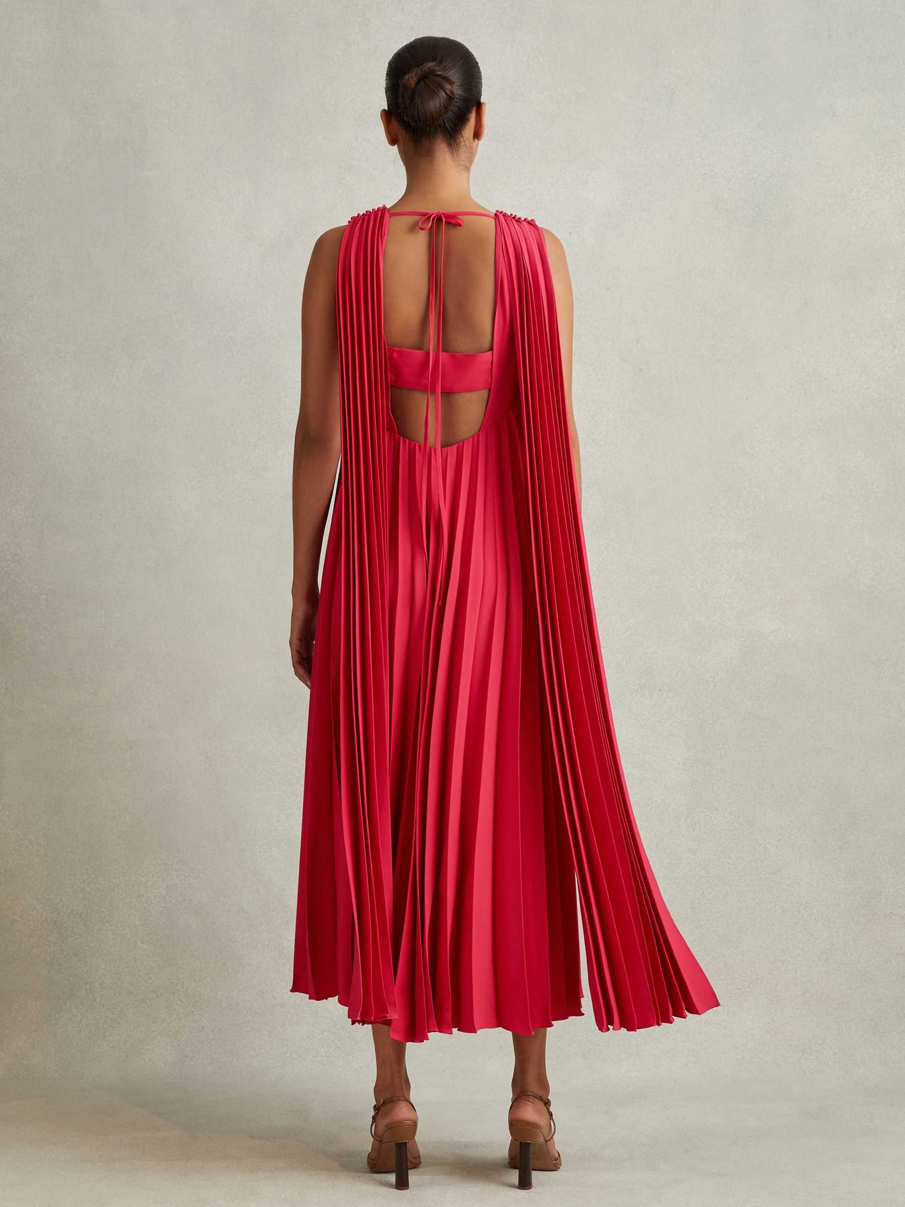 Pleated Cape Sleeve Midi Dress in Coral - Image 3 of 5